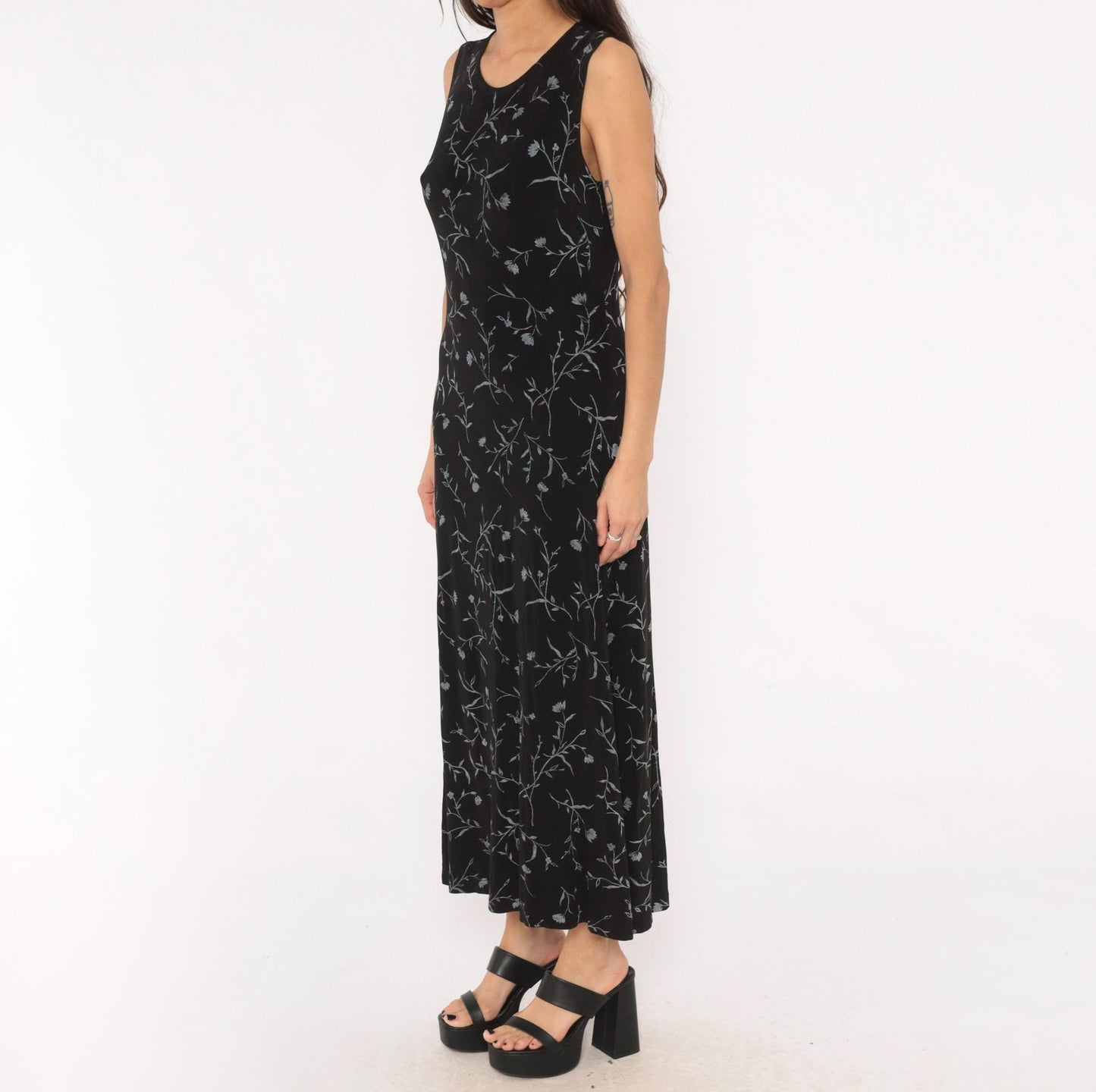 90s Ronni Nicole Black Floral Maxi Dress Grey Vine Print Sleeveless Large L