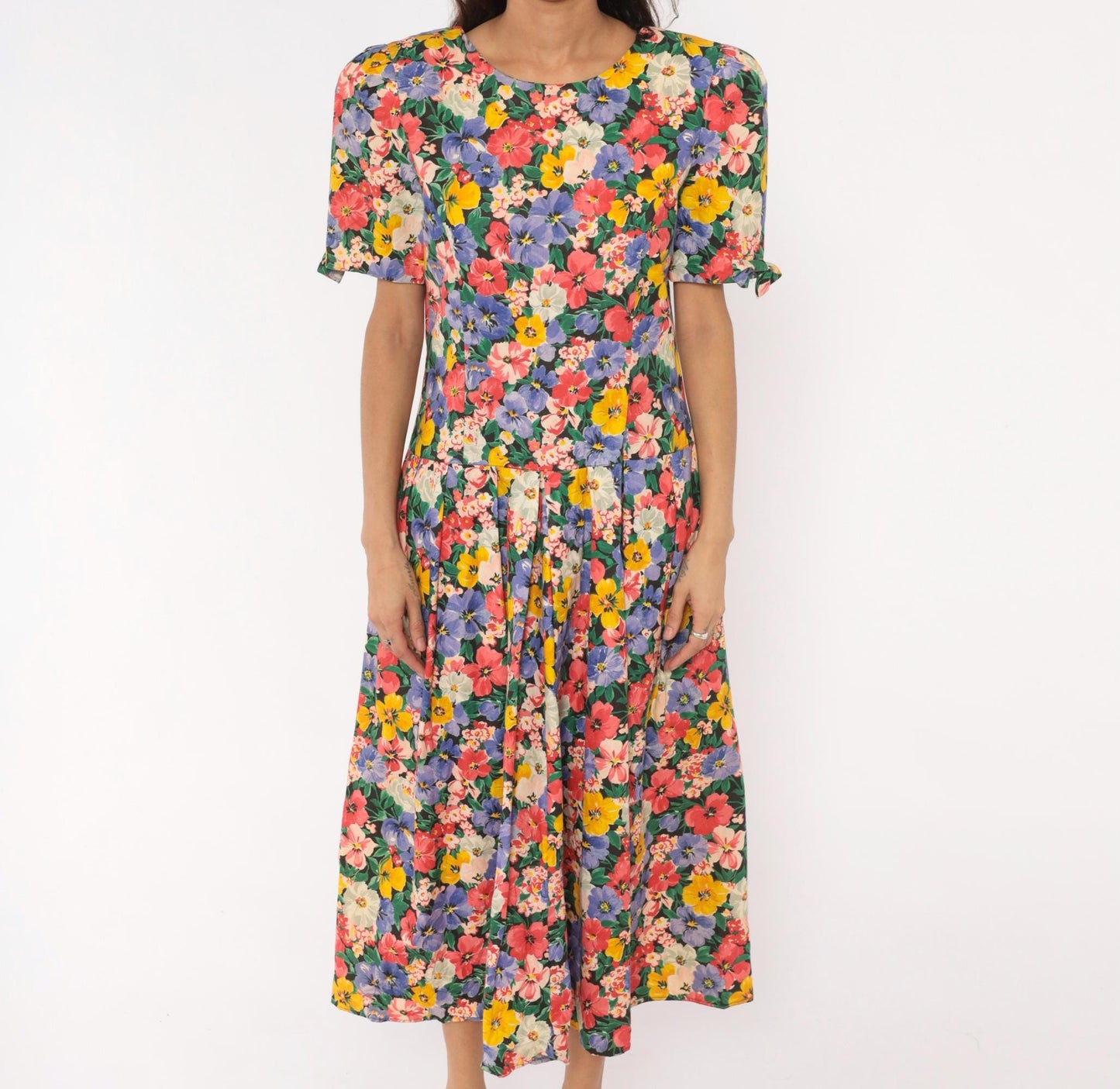 90s Kwai Floral Midi Dress Cutout Back Puff Sleeve Cotton Medium M