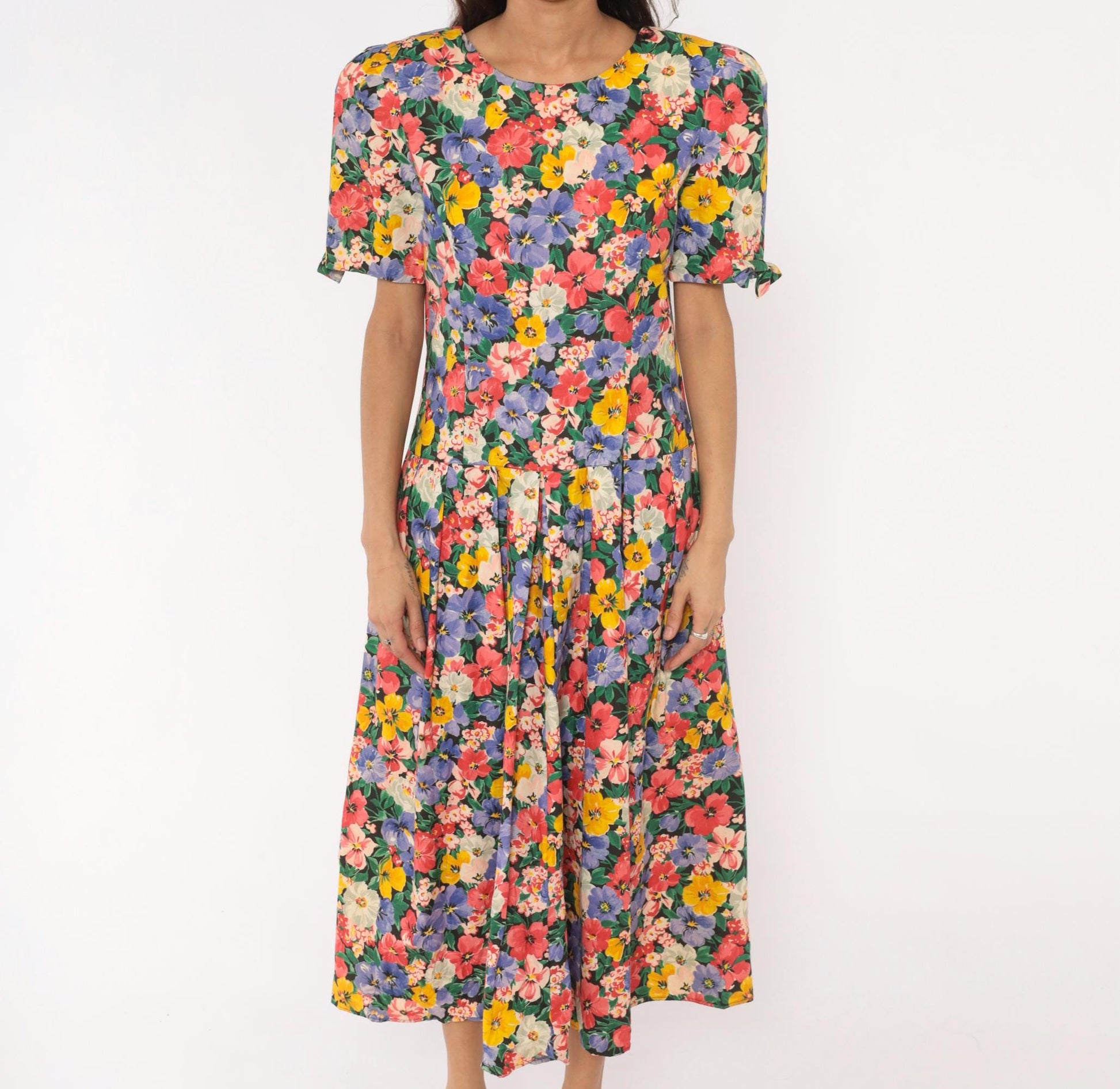 90s Kwai Floral Midi Dress Cutout Back Puff Sleeve Cotton Medium M