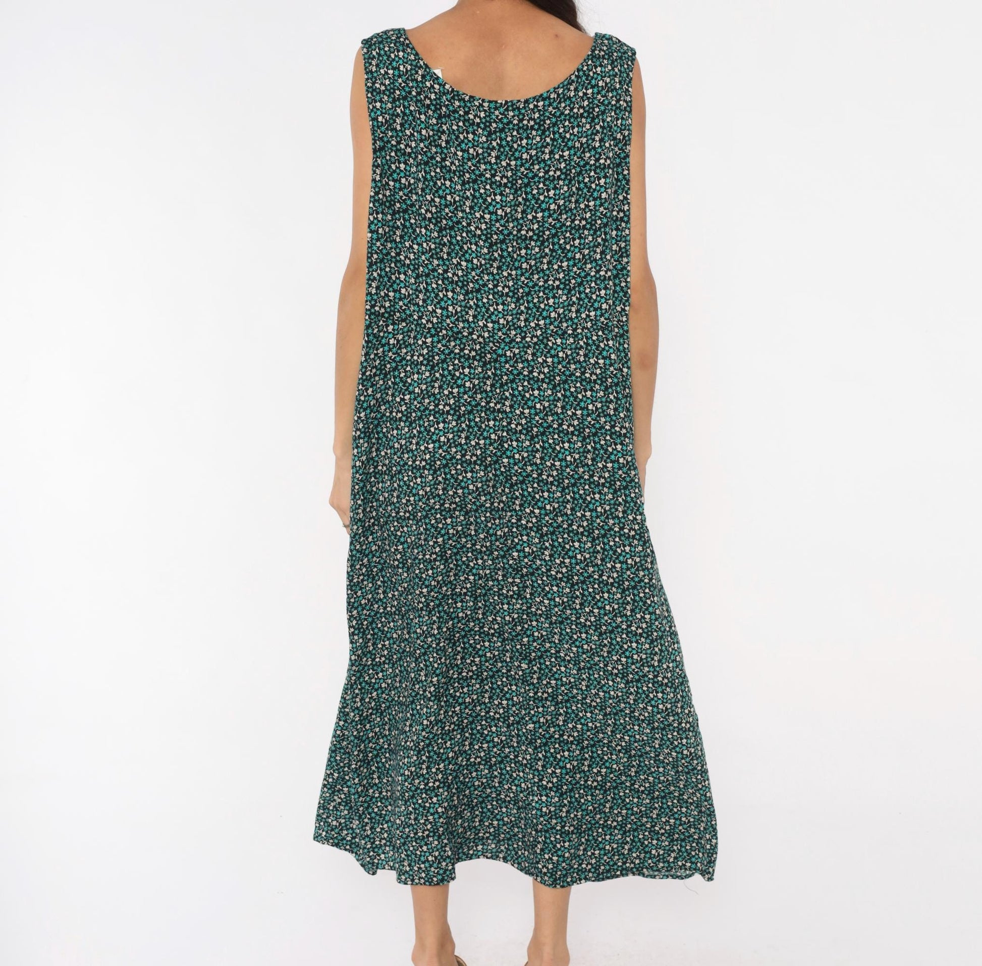 90s Teddi Woman Ditsy Floral Maxi Dress Teal Cream Black Tank Plus Size XXL