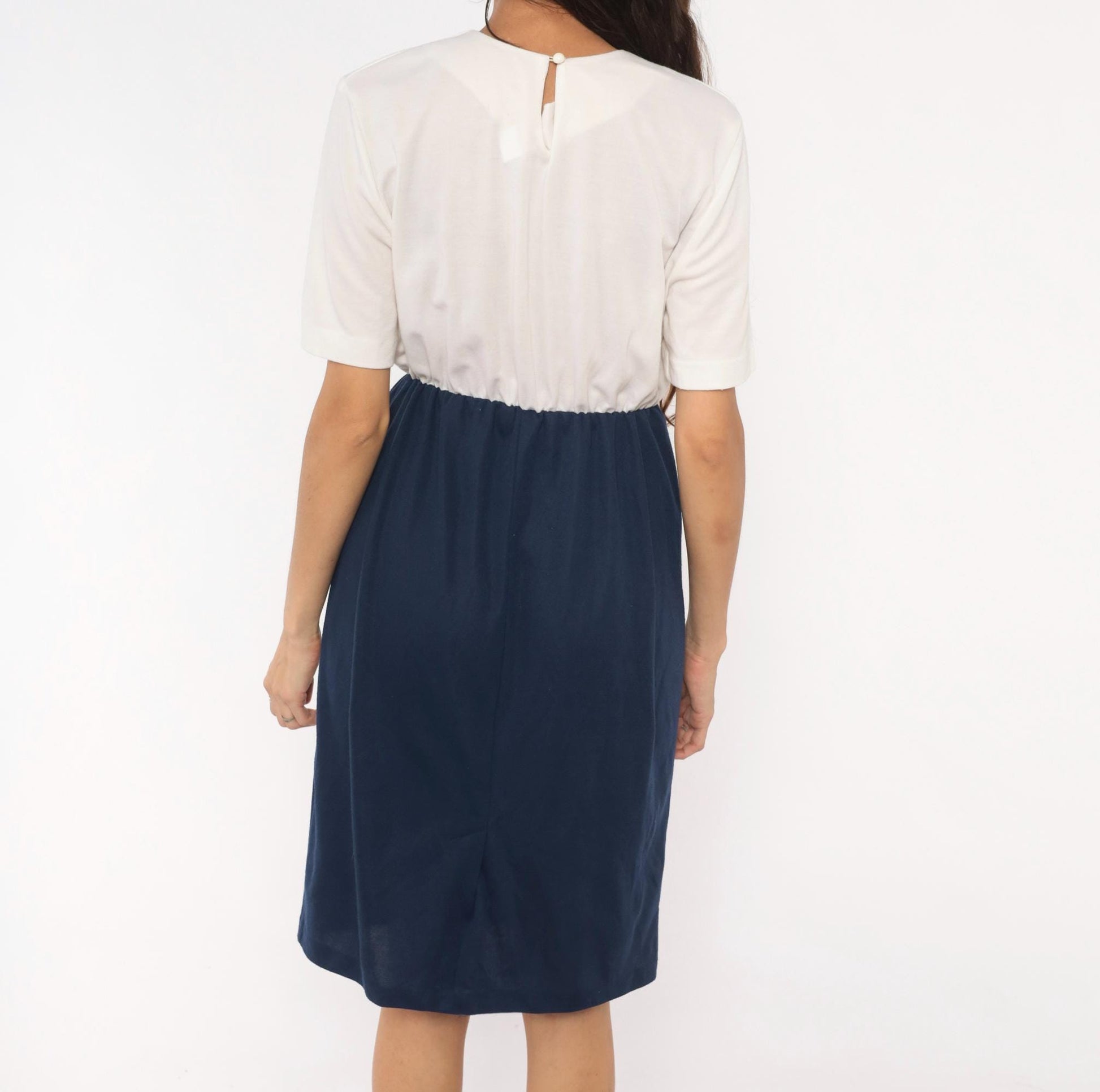 80s Navy Cream Colorblock Dress Keyhole Back Button Knee-Length Medium Large