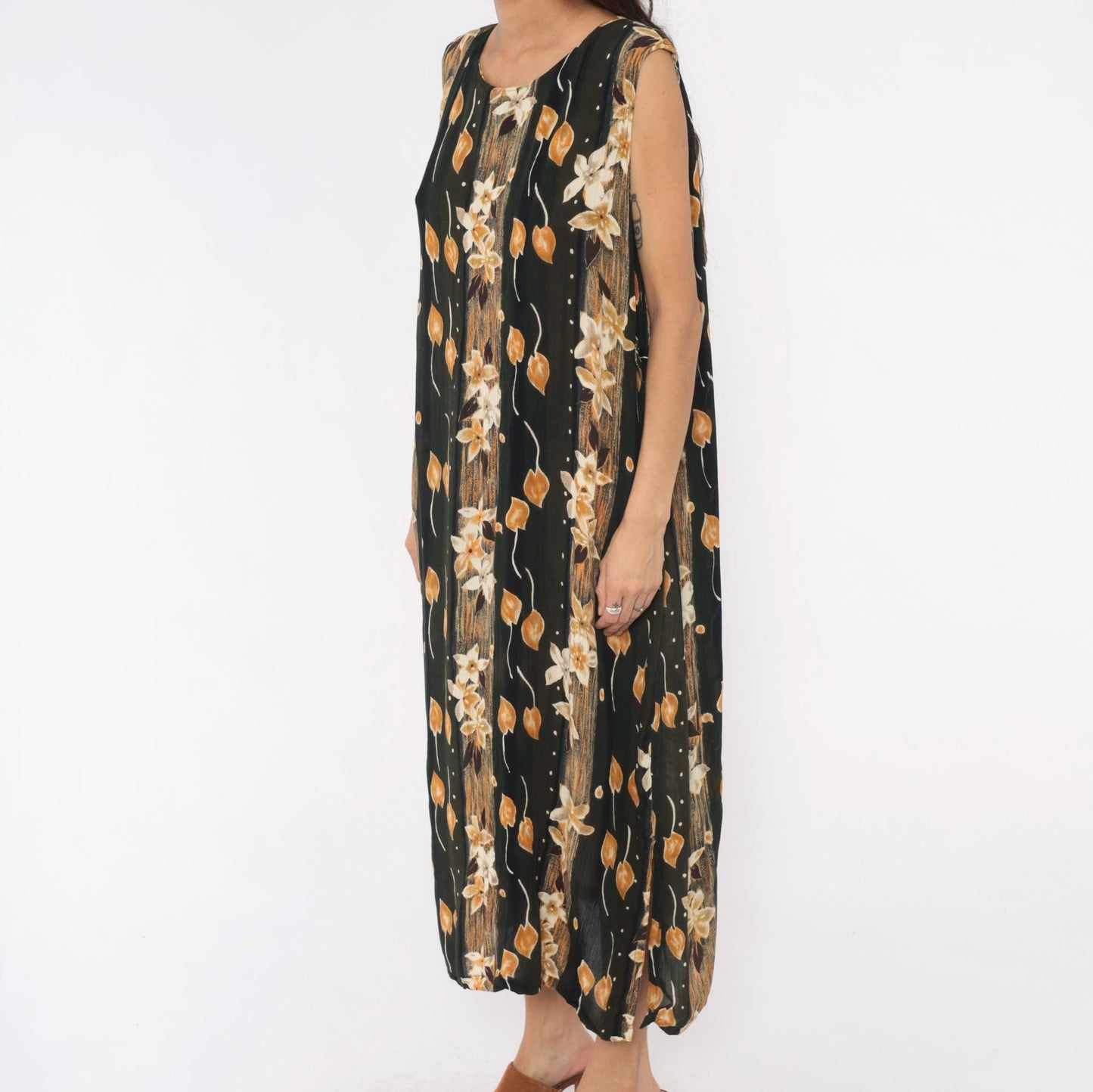 90s Sag Harbor Floral Maxi Dress Olive Green Cream Leaves Large L