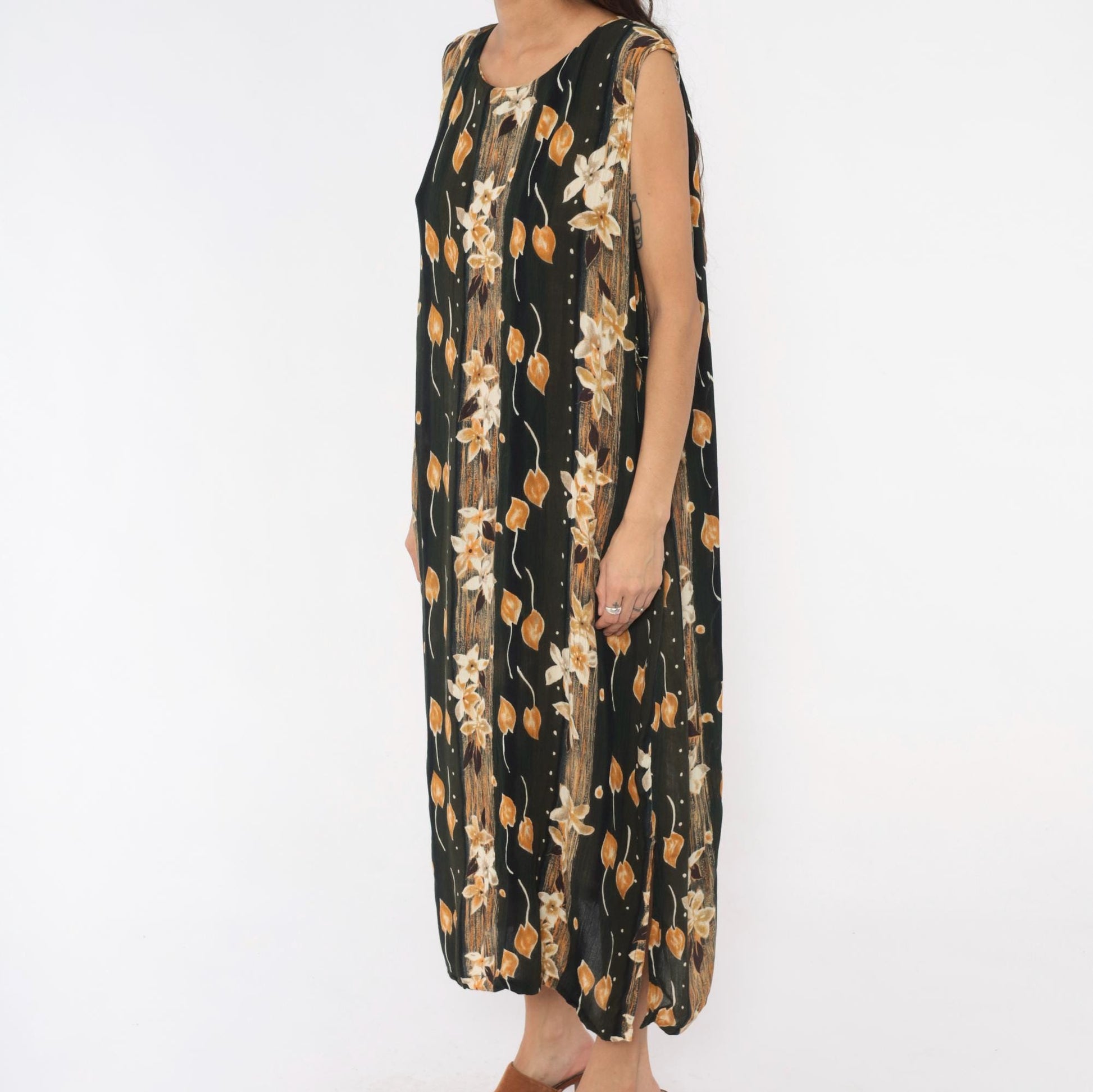 90s Sag Harbor Floral Maxi Dress Olive Green Cream Leaves Large L