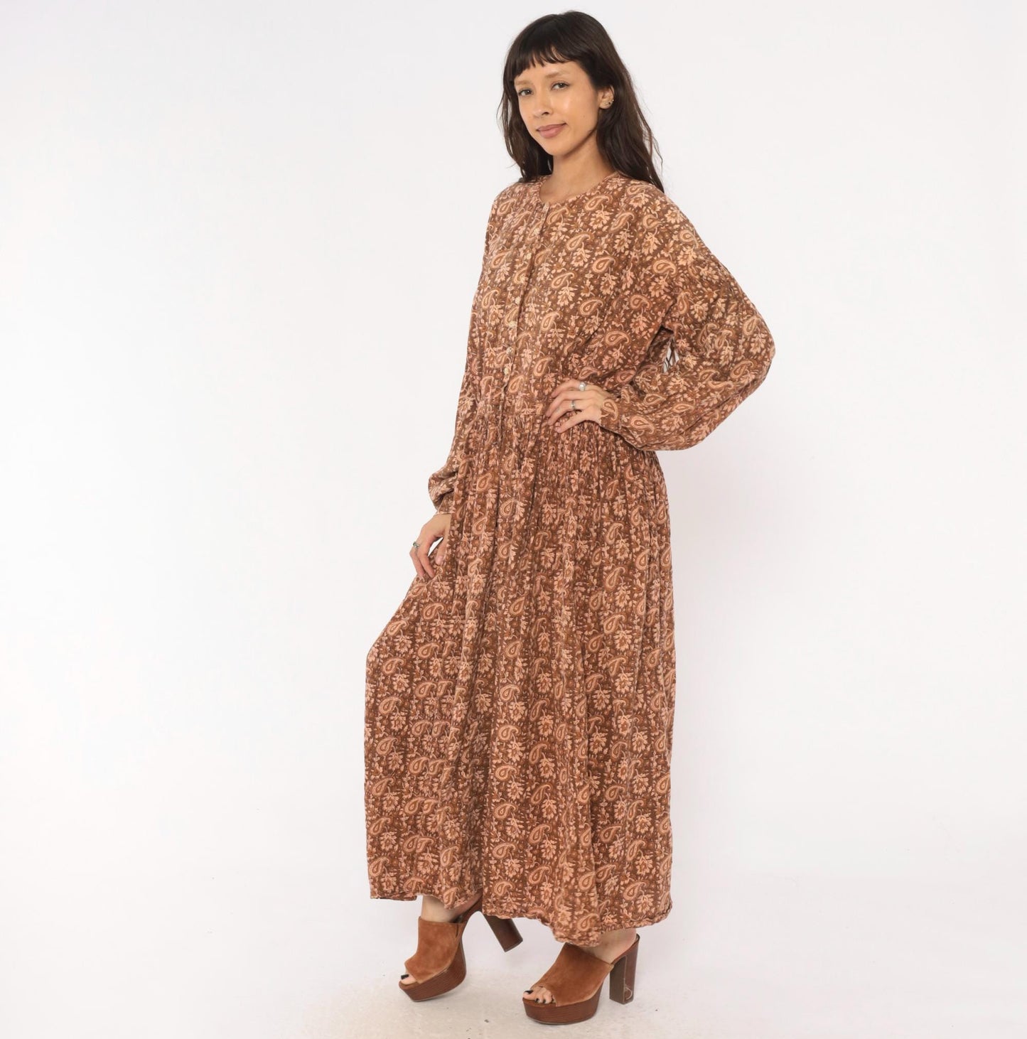 90s Brown Paisley Floral Maxi Dress Cotton Button Front Balloon Sleeve Large
