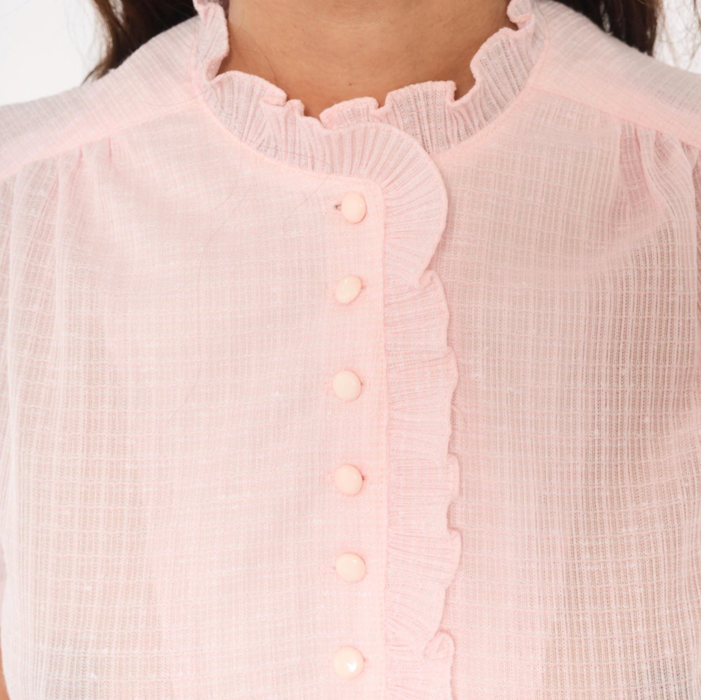 70s Blush Pink Shirtdress Pleated Midi Ruffled Collar Puff Sleeve Small S