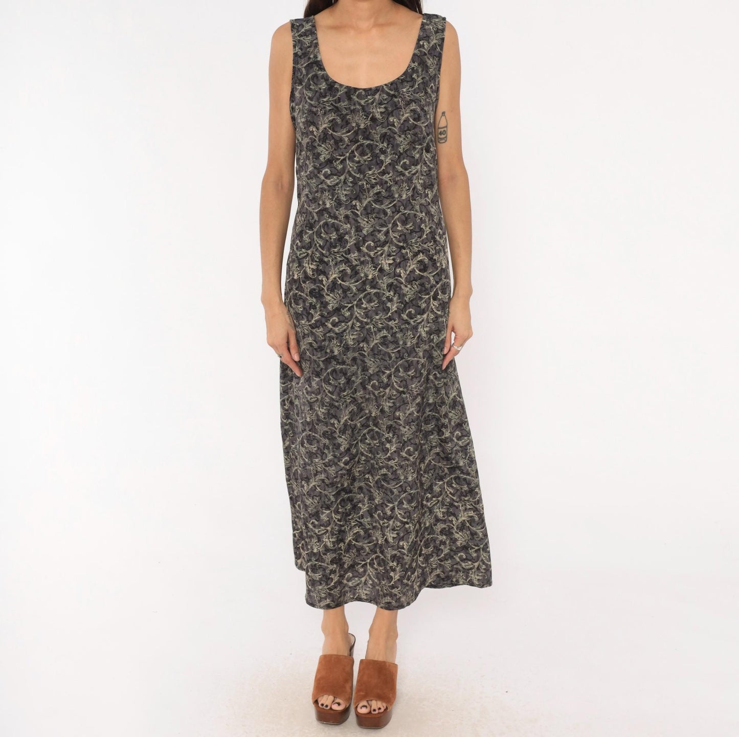 90s Worthington Baroque Maxi Dress Charcoal Floral Tank Tie Back Plus Size 1X