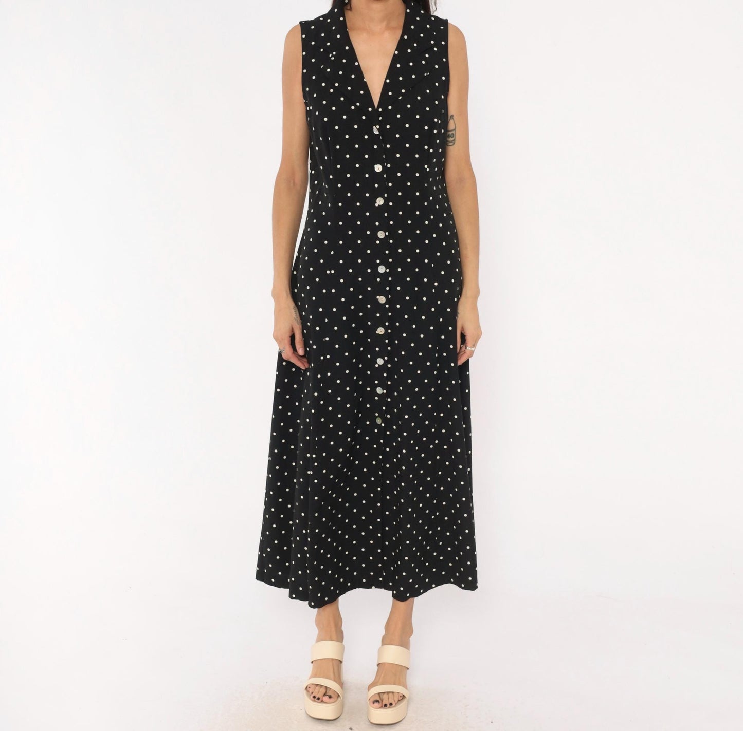 90s Dressbarn Black White Polka Dot Maxi Dress V Neck Button Front Large L