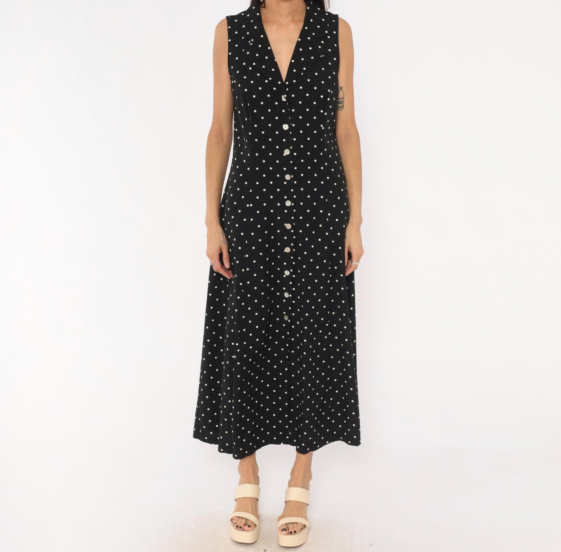 90s Dressbarn Black White Polka Dot Maxi Dress V Neck Button Front Large L