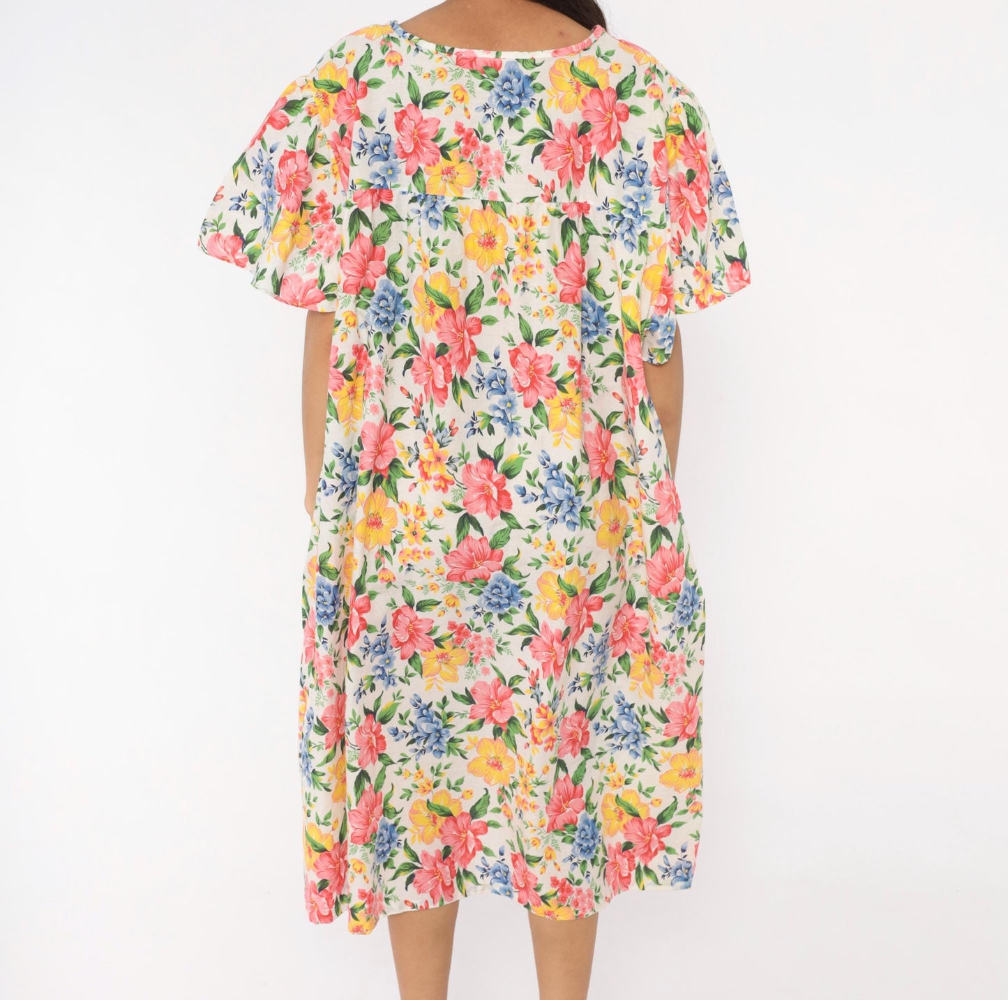 80s Floral Muumuu Dress Pink Yellow Blue Garden Print White Plus Size XXL