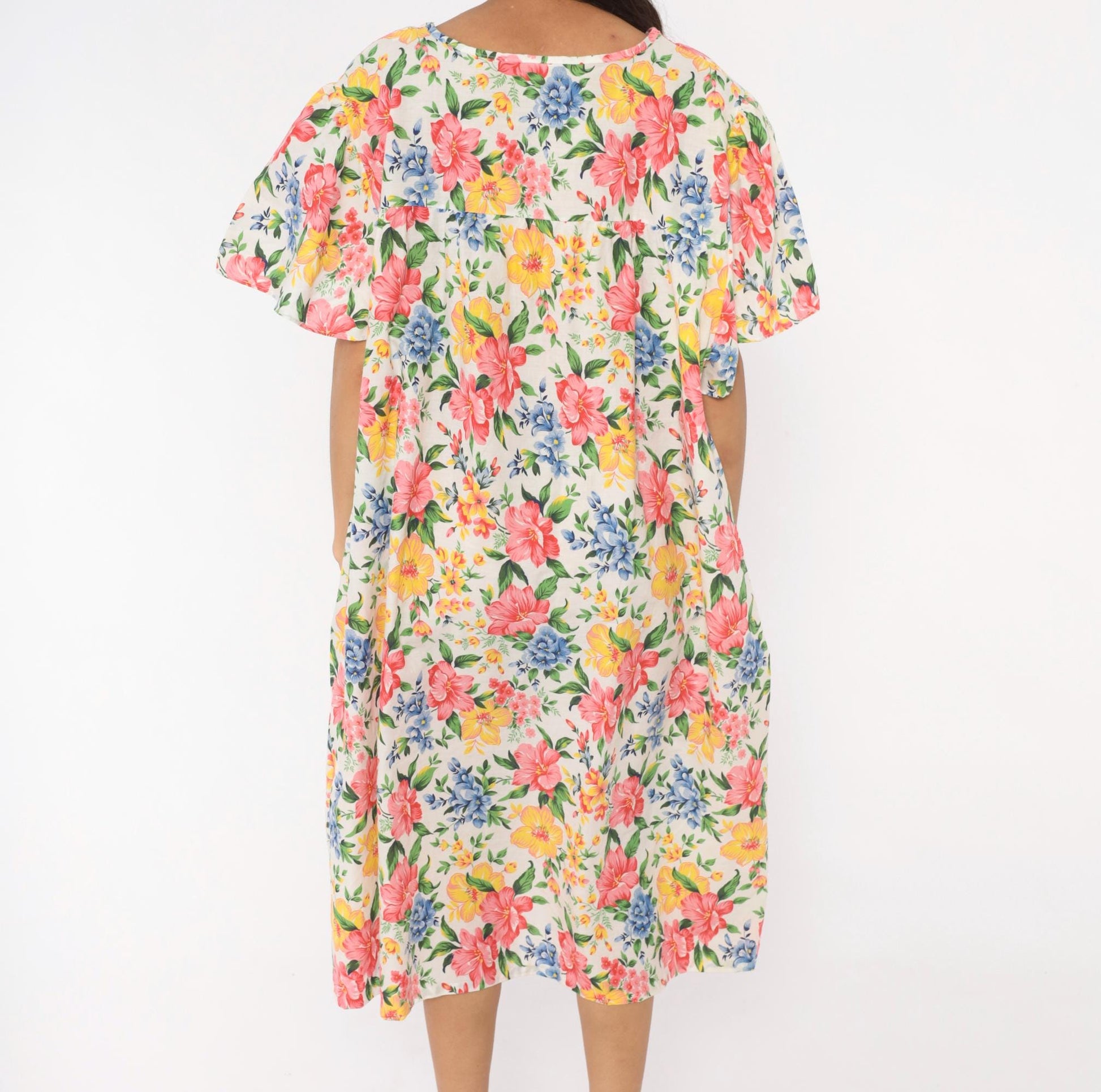 80s Floral Muumuu Dress Pink Yellow Blue Garden Print White Plus Size XXL