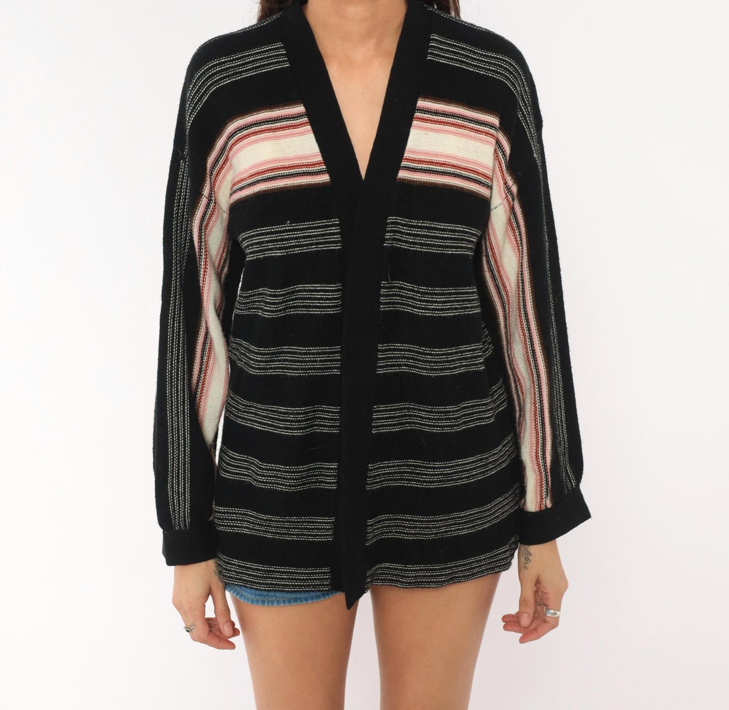 70s Striped Wrap Cardigan Black Pink Cream Knit V Neck Medium M