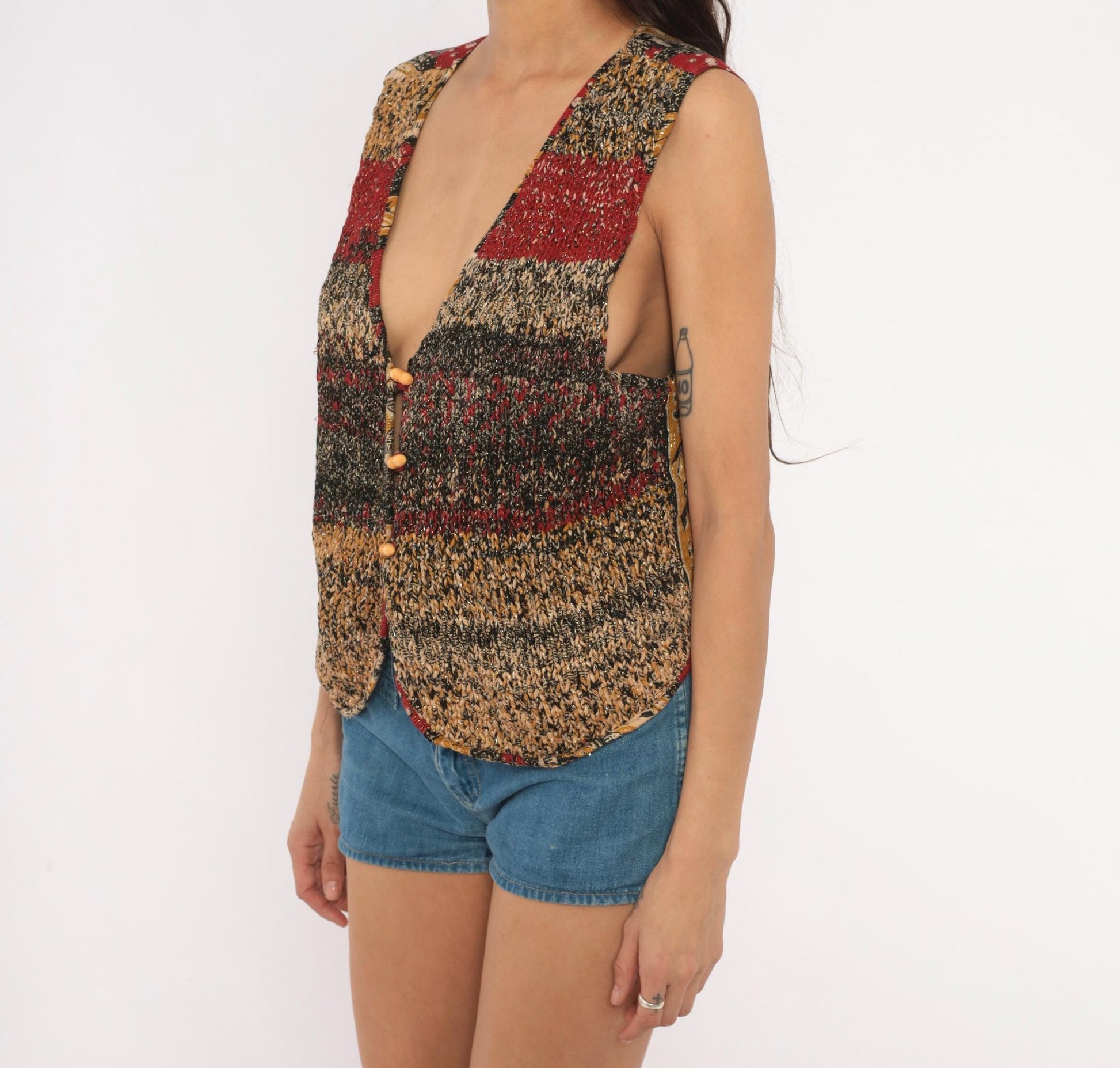 90s Knit Vest Multicolor Striped Toggle Button V-Neck Tan Red Black Medium M