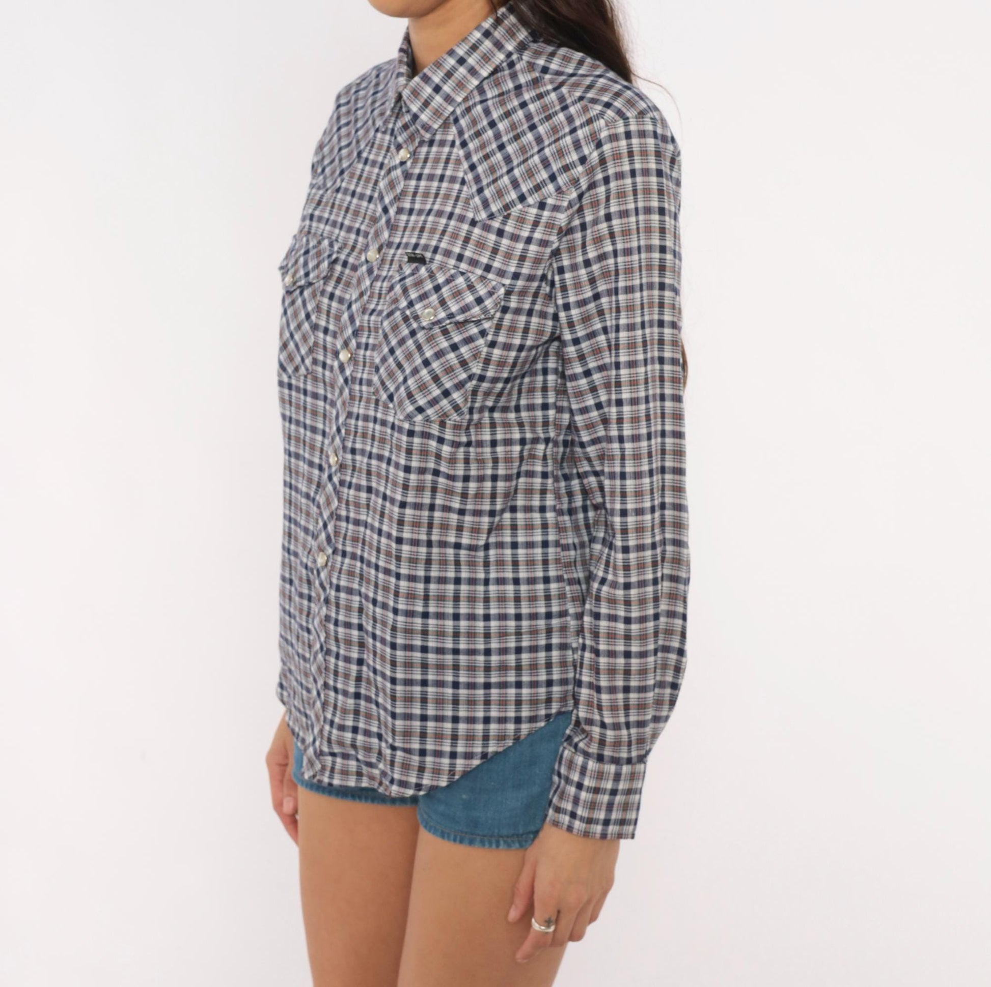 80s Stir Ups Western Plaid Pearl Snap Shirt Navy White Check Cotton Medium