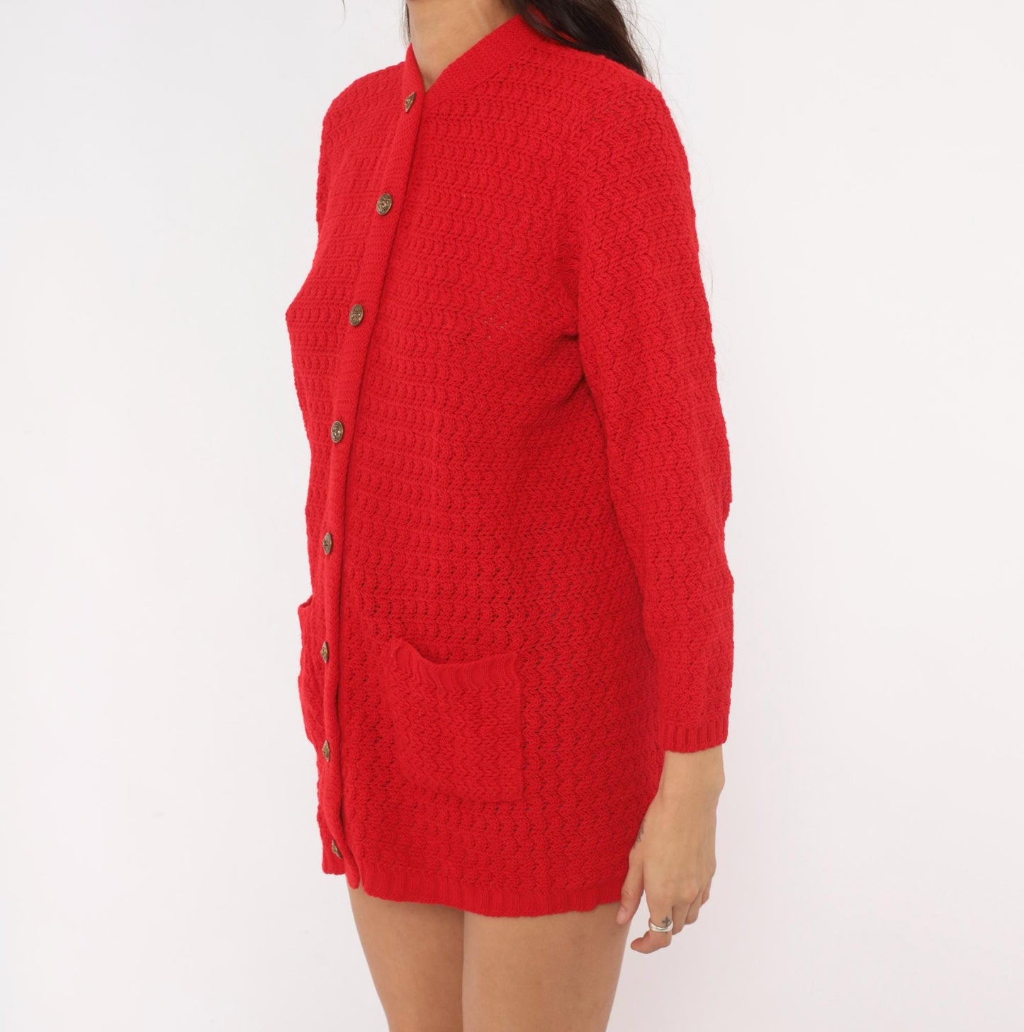 70s Bans Knits Red Cardigan Gold Buttons Mandarin Collar Textured Medium M