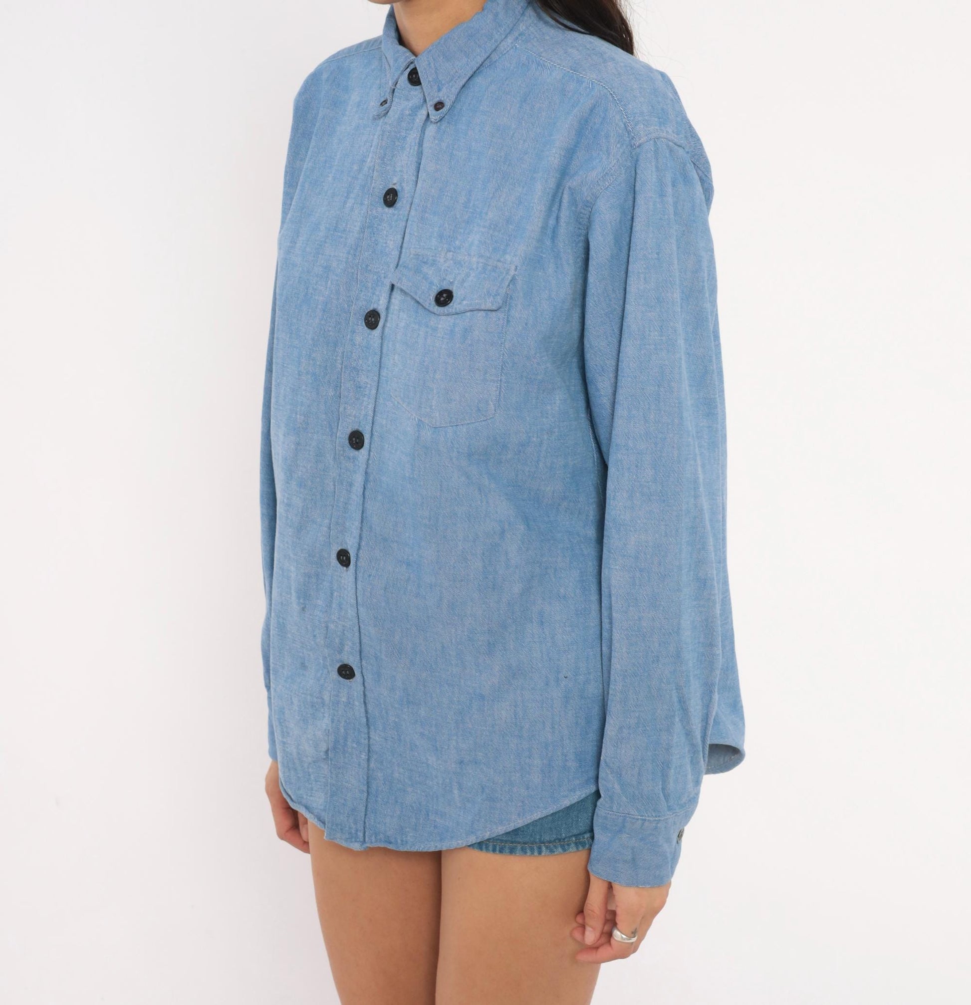 70s Blue Chambray Button Down Shirt Anchor Buttons Cotton Work Wear Medium
