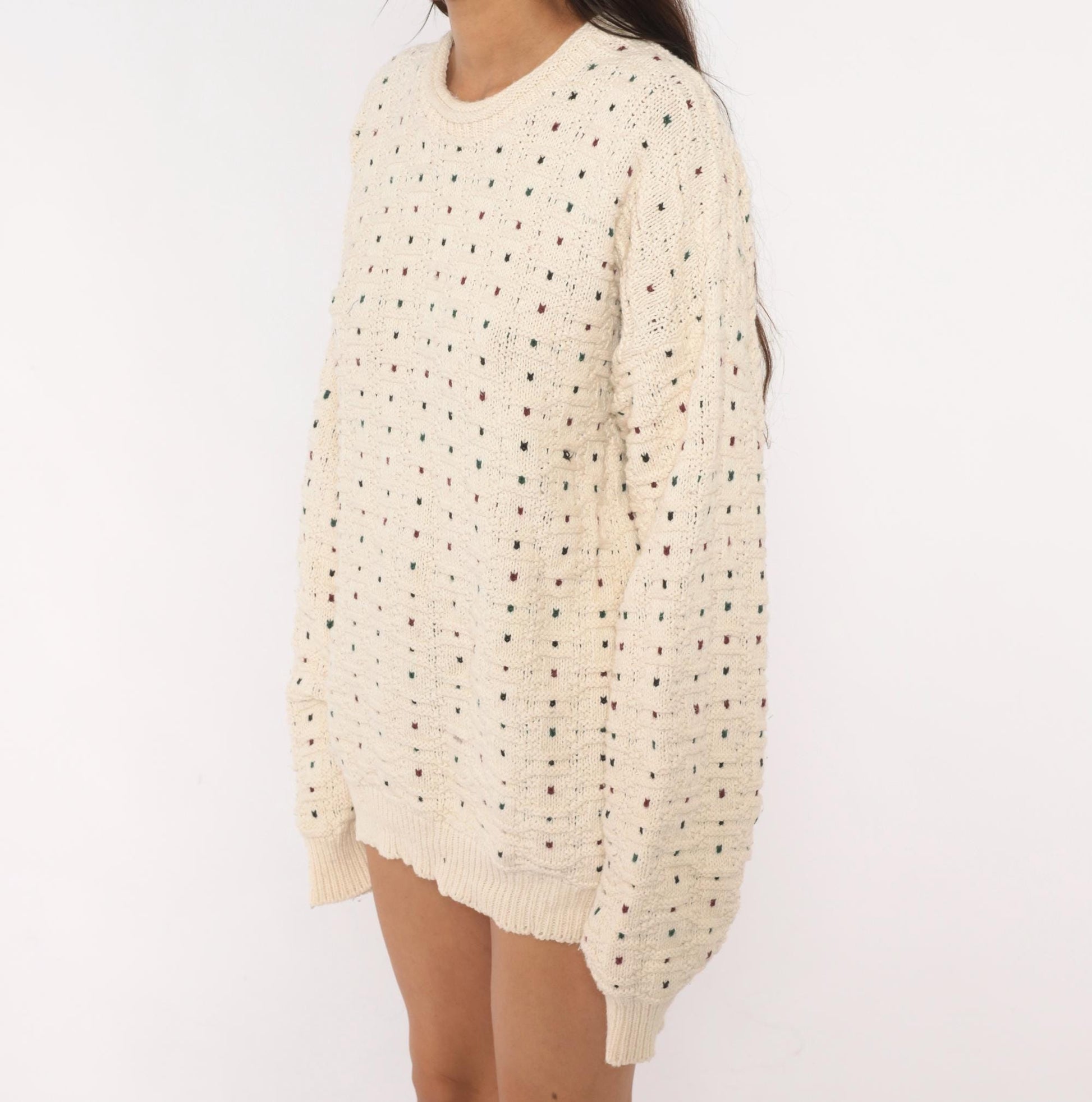 90s CJ Cotton Company Polka Dot Crewneck Sweater Cream Extra Large XL