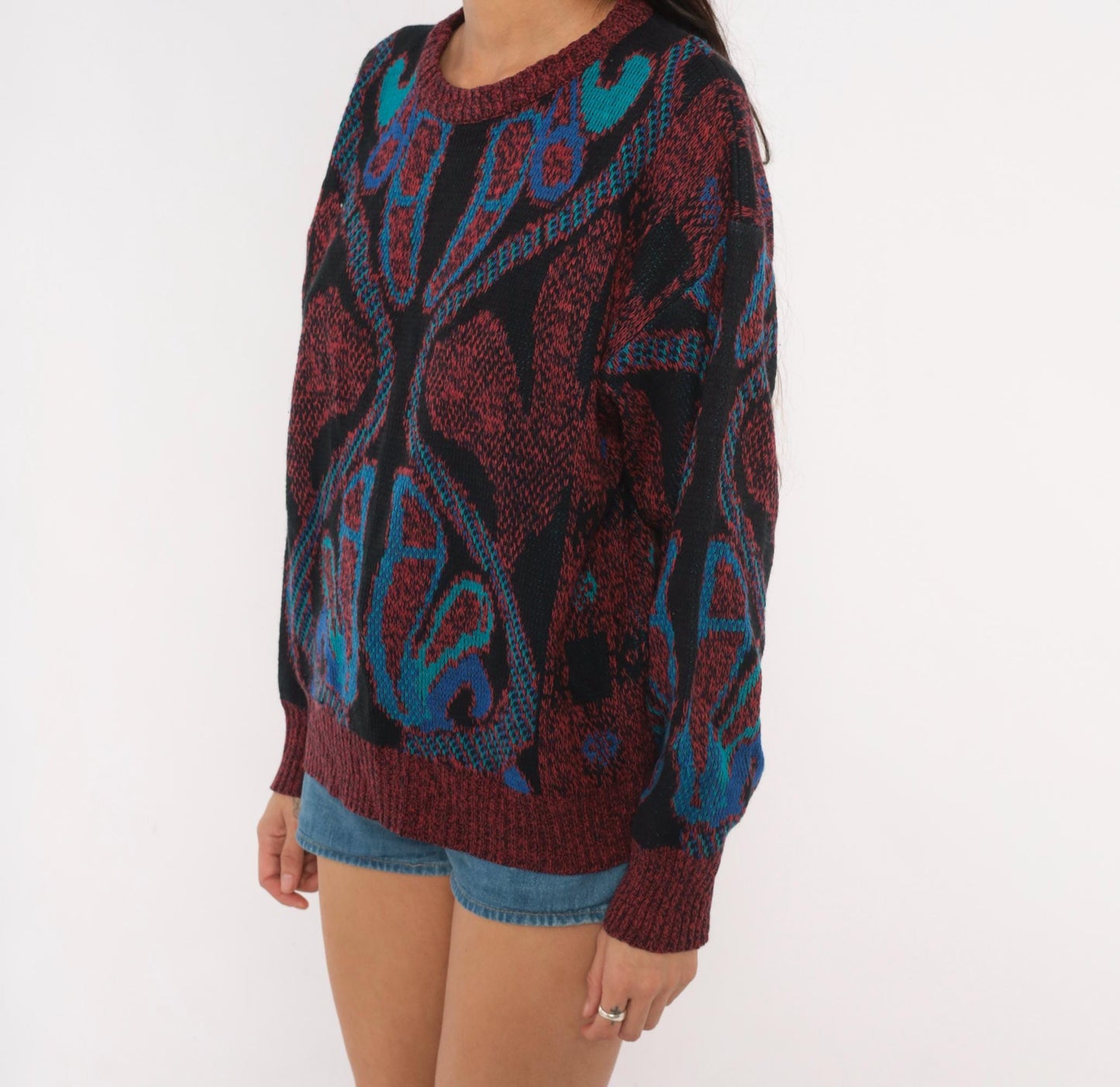 80s City Streets Abstract Knit Sweater Burgundy Teal Intarsia Medium