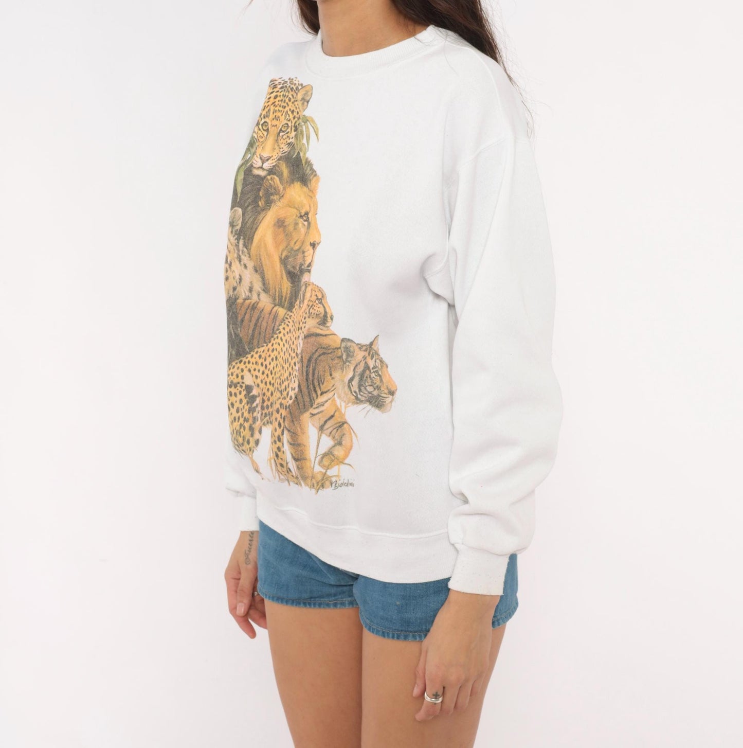 90s Big Cats Wildlife Sweatshirt Lion Leopard Tiger Cheetah White Cotton Medium
