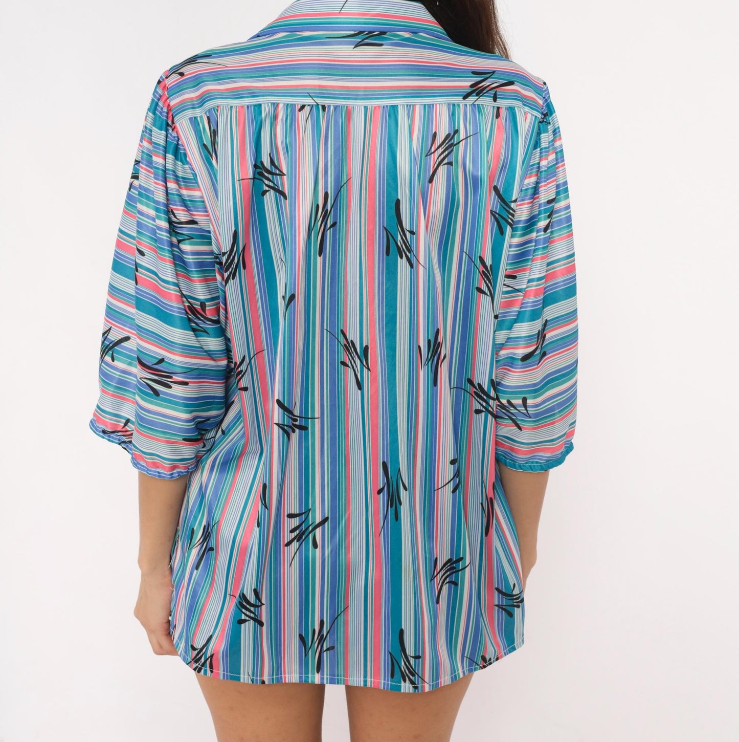 70s Illusions Striped Button Blouse Teal Pink Leaf Print Puff Sleeve Large