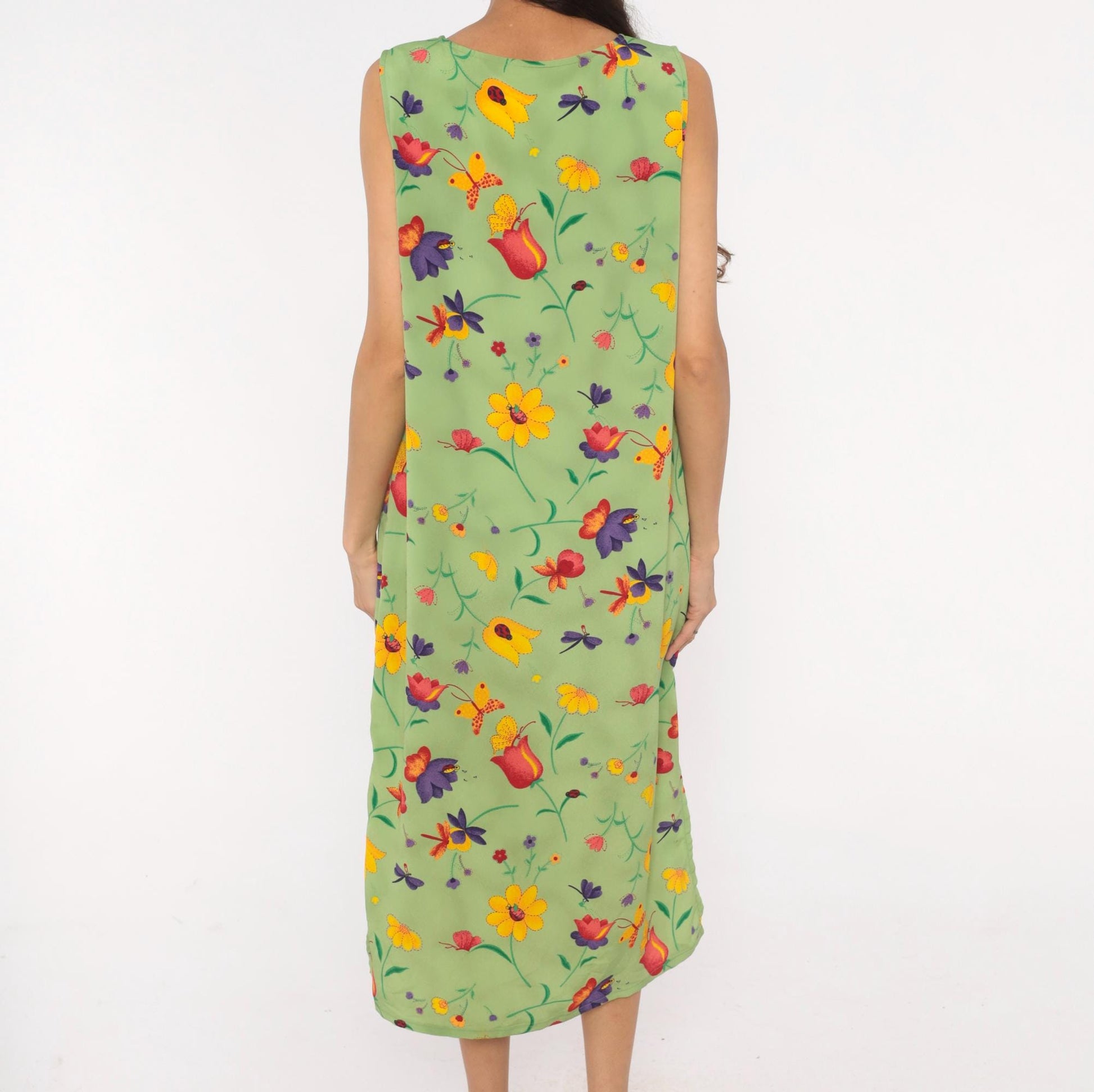 90s Sag Harbor Garden Print Midi Dress Sage Green Floral Petite Large