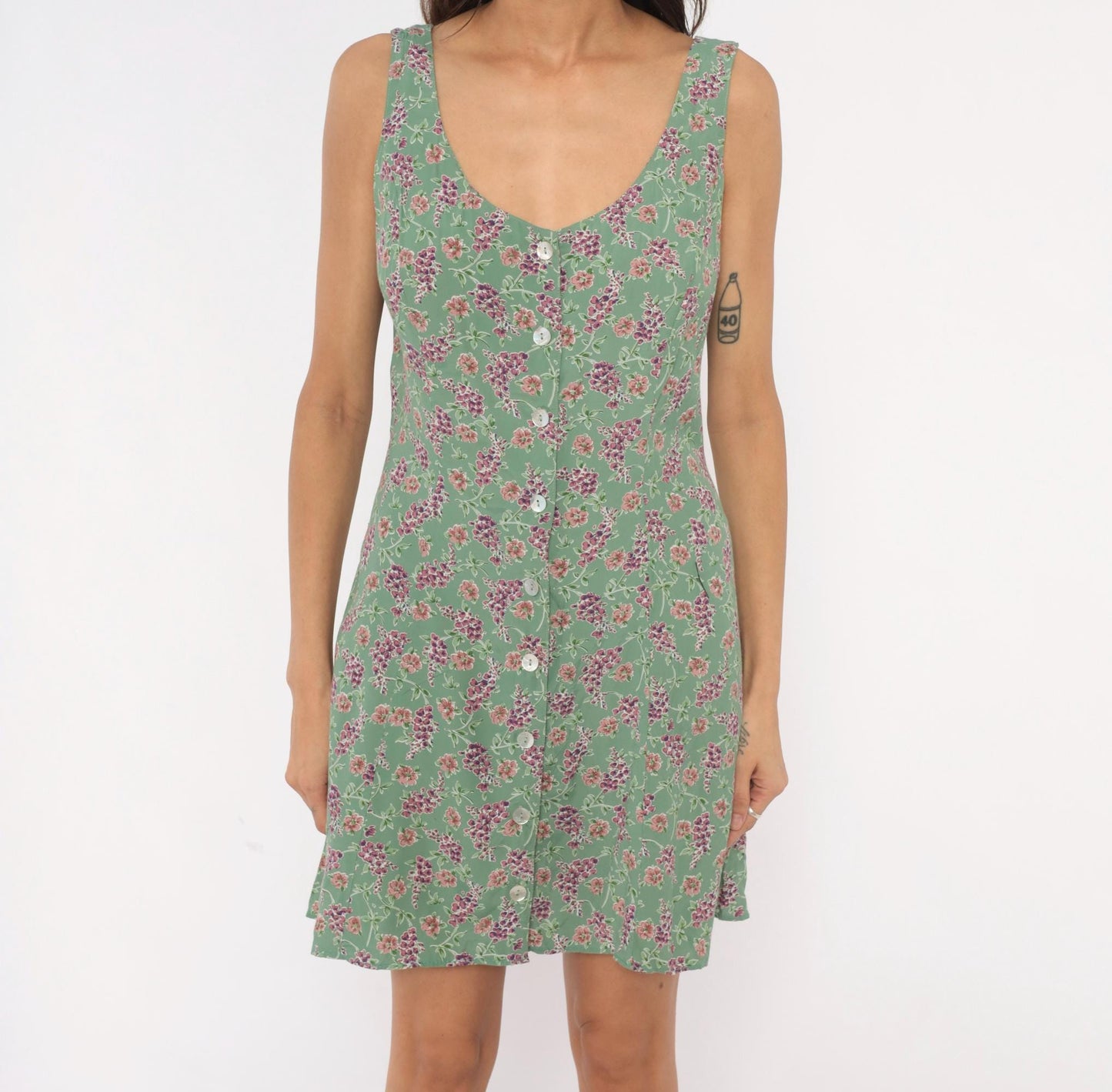 90s Robbie Bee Floral Mini Sundress Sage Green Button Front Large