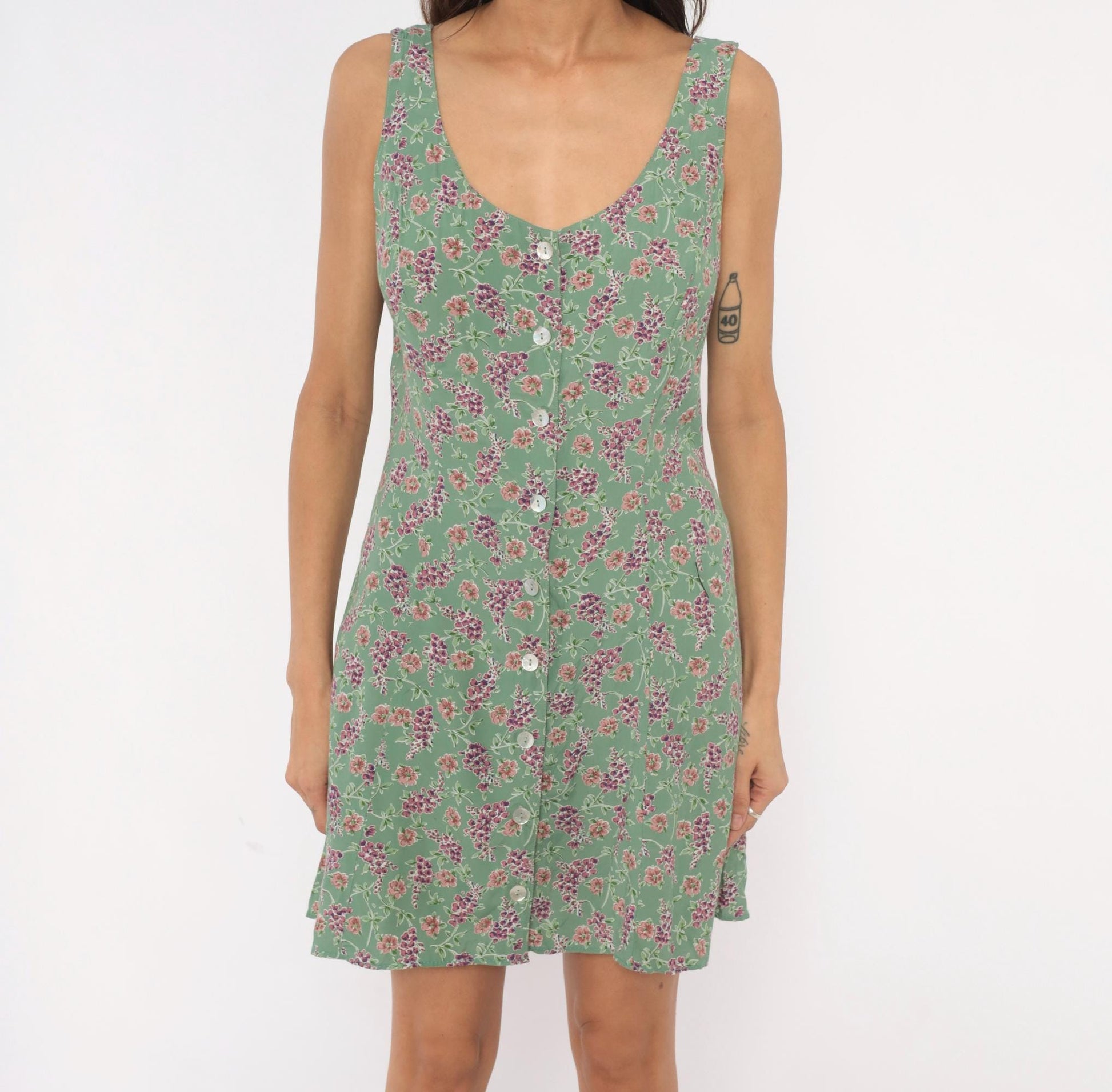90s Robbie Bee Floral Mini Sundress Sage Green Button Front Large