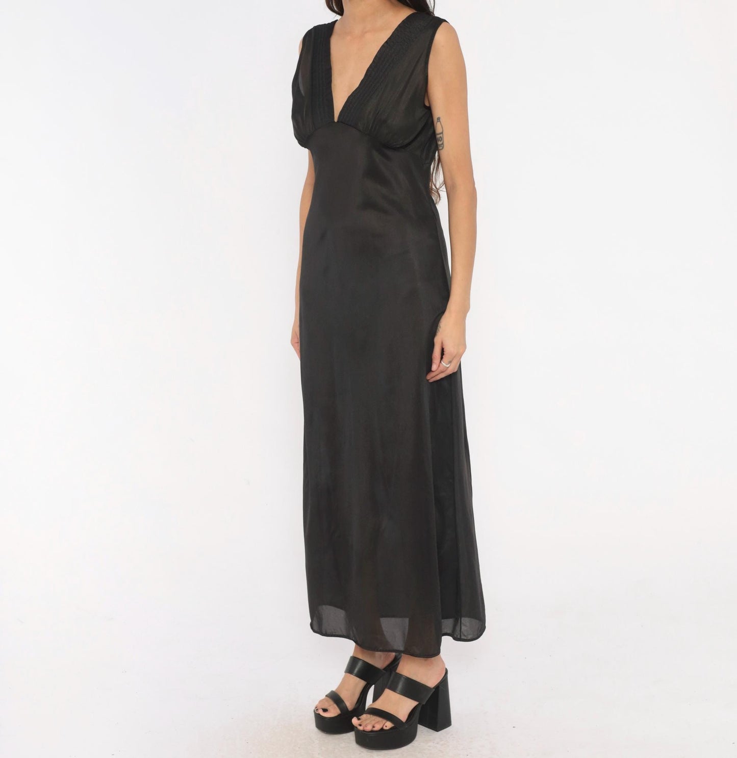 90s Black Sheer Maxi Slip Dress Deep V Neck Empire Waist Medium