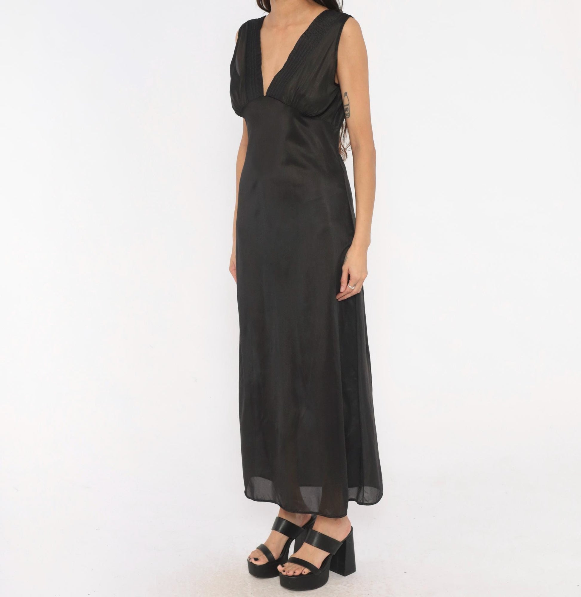 90s Black Sheer Maxi Slip Dress Deep V Neck Empire Waist Medium