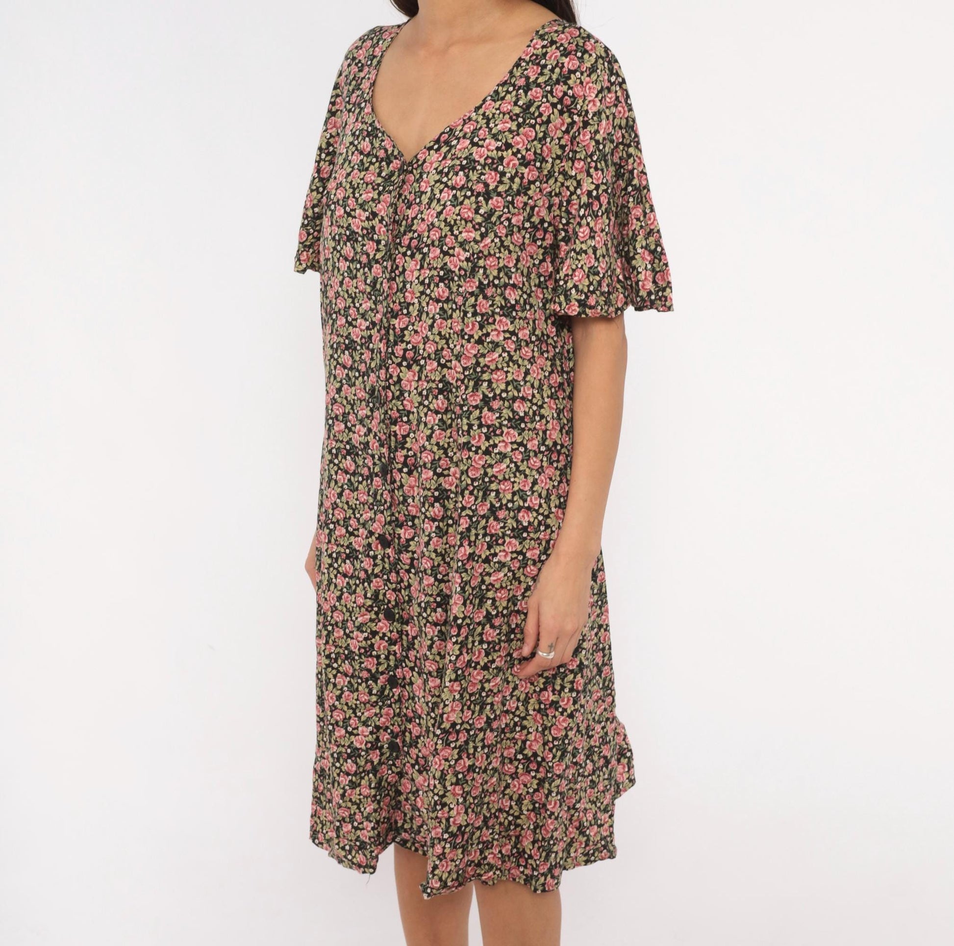 90s Ulterior Motives Floral Dress Black Pink Rose Print V Neck Flutter Sleeve Knee Length Large