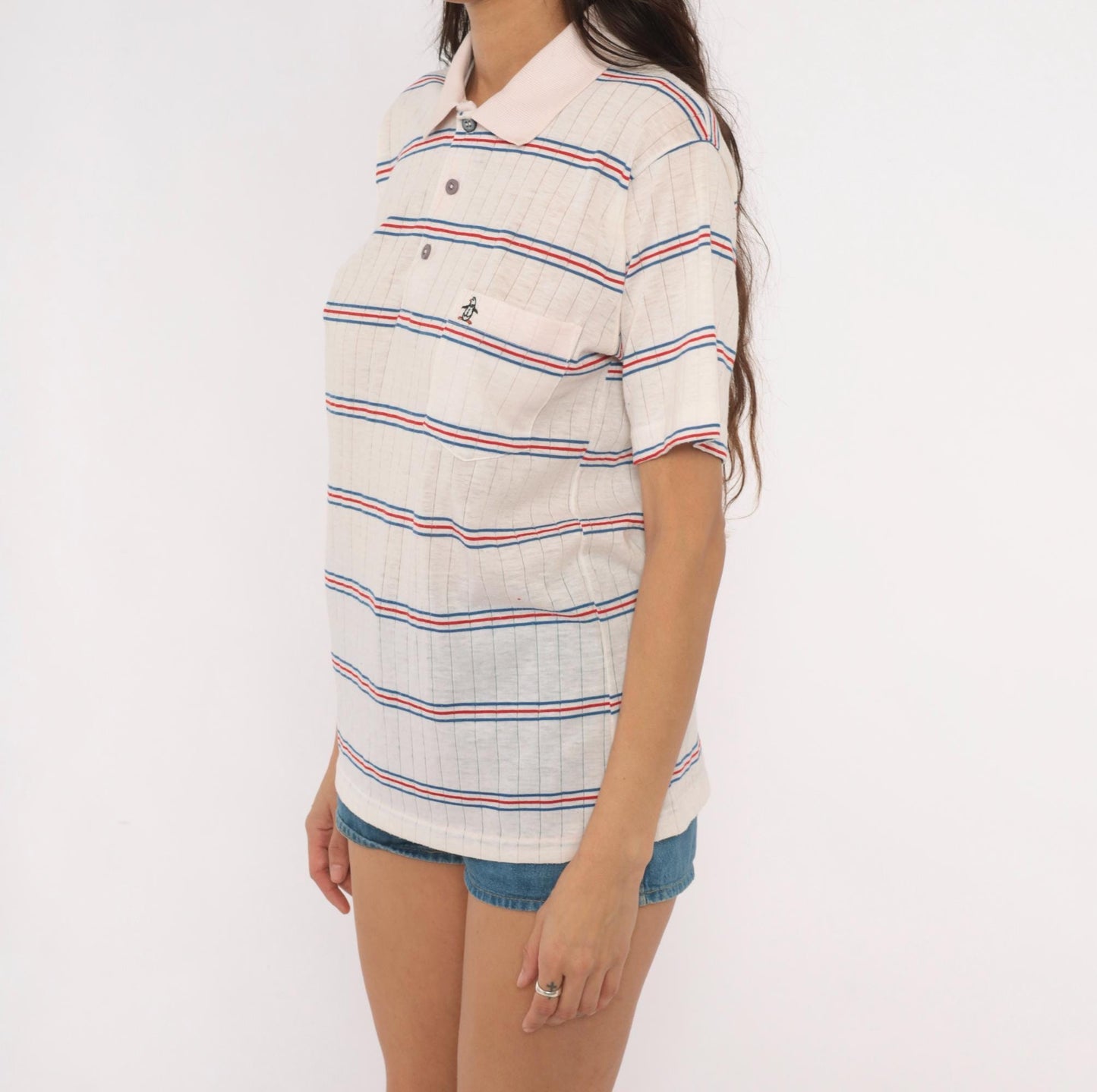 80s Grand Slam Penguin Striped Polo Shirt Red Navy Cream Medium