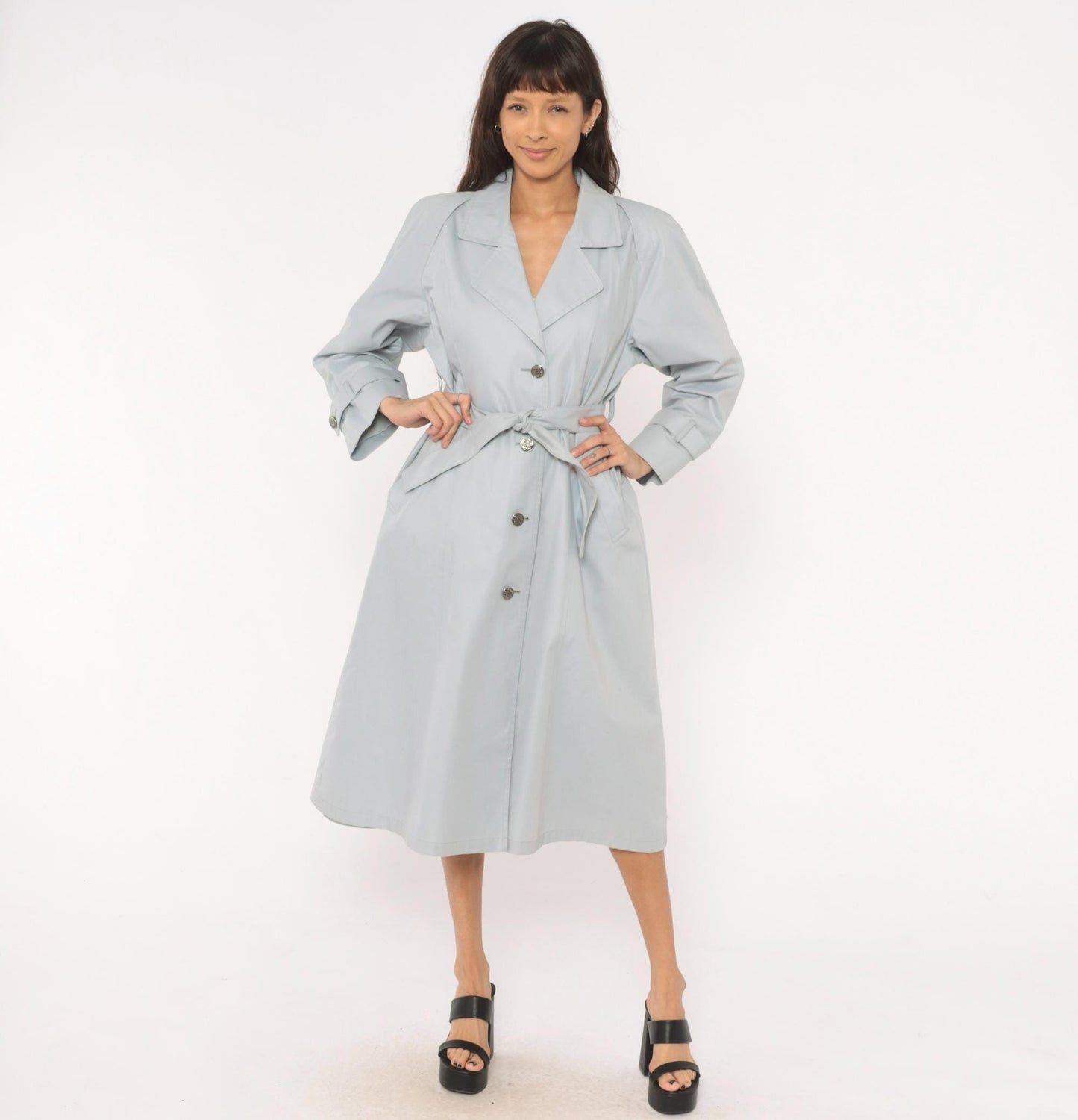 80s London Fog Trench Coat Blue Grey Belted Single Breasted Medium