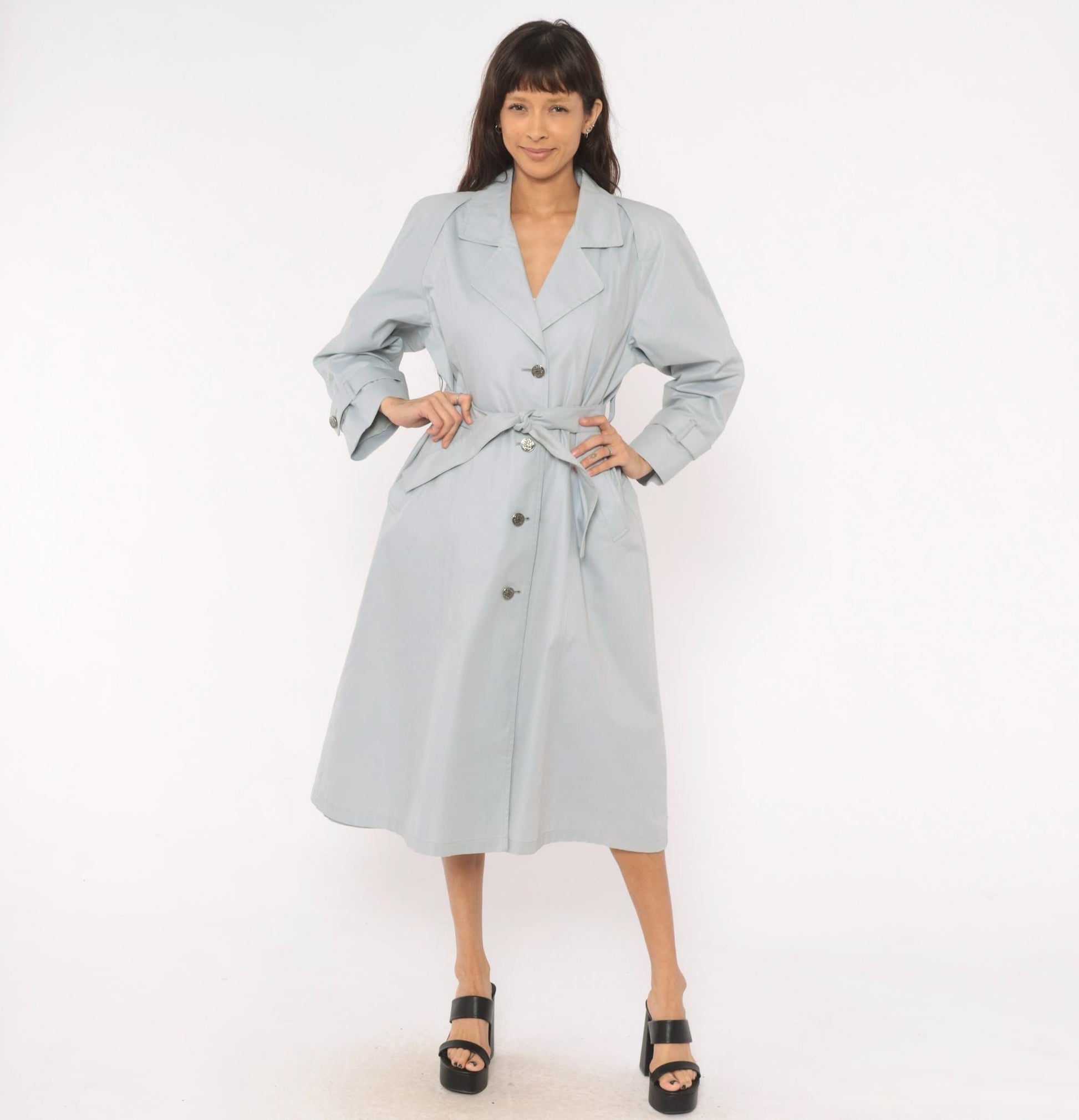 80s London Fog Trench Coat Blue Grey Belted Single Breasted Medium
