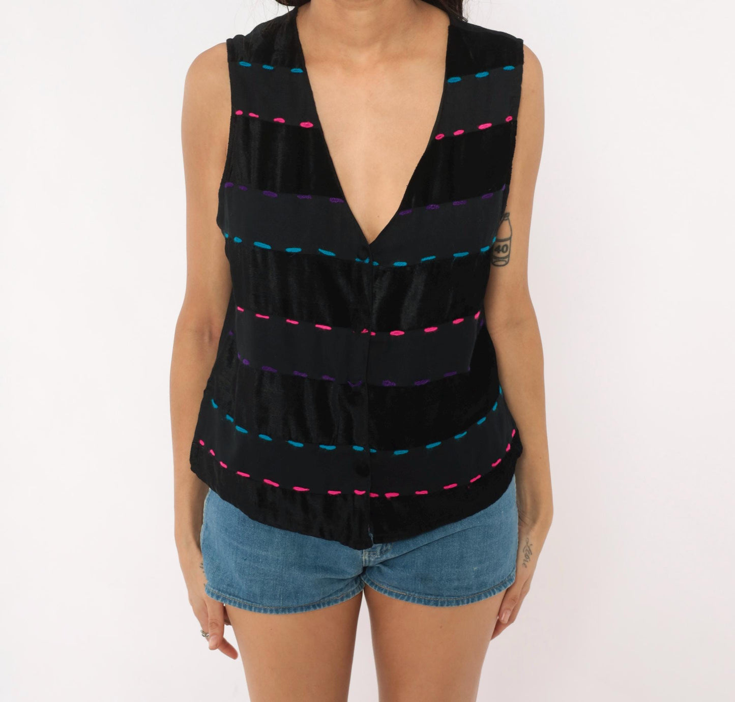 90s Willow Ridge Black Sleeveless Blouse Velvet Embroidered V Neck Small Petite