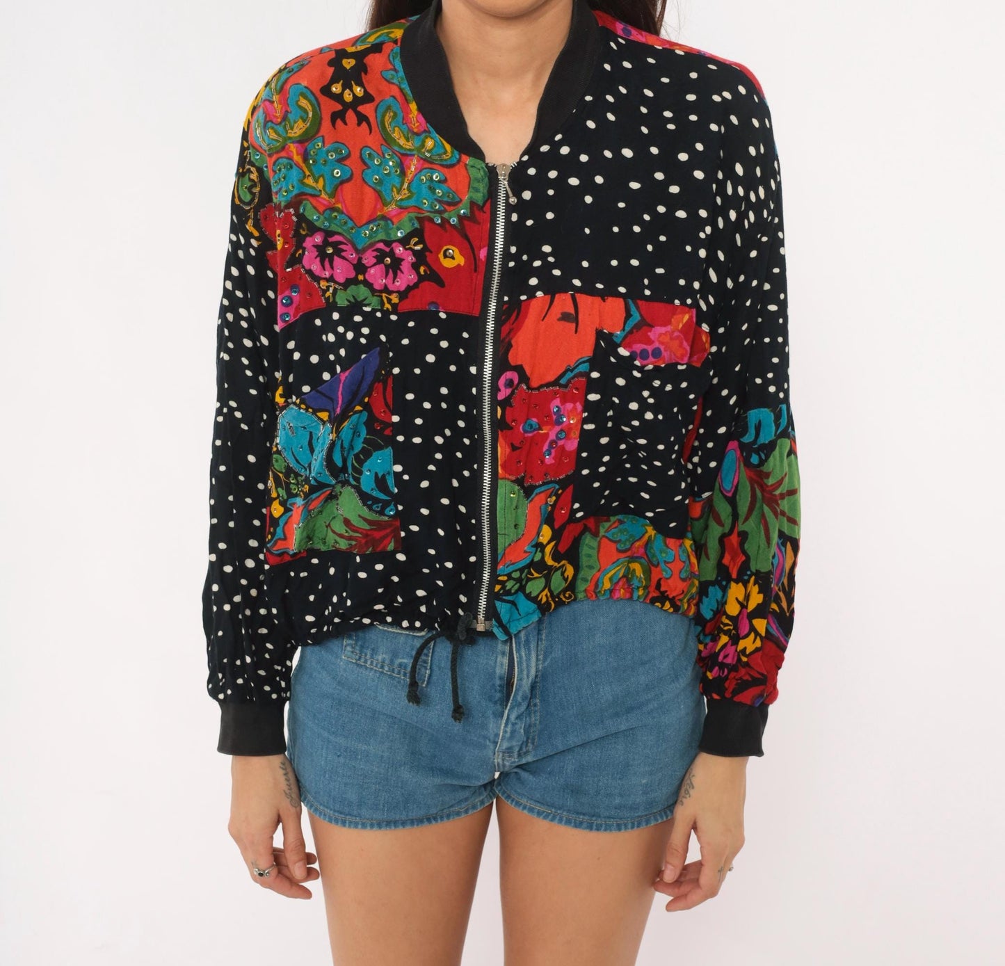 90s Tarazzia Patchwork Bomber Jacket Sequin Polka Dot Floral Small
