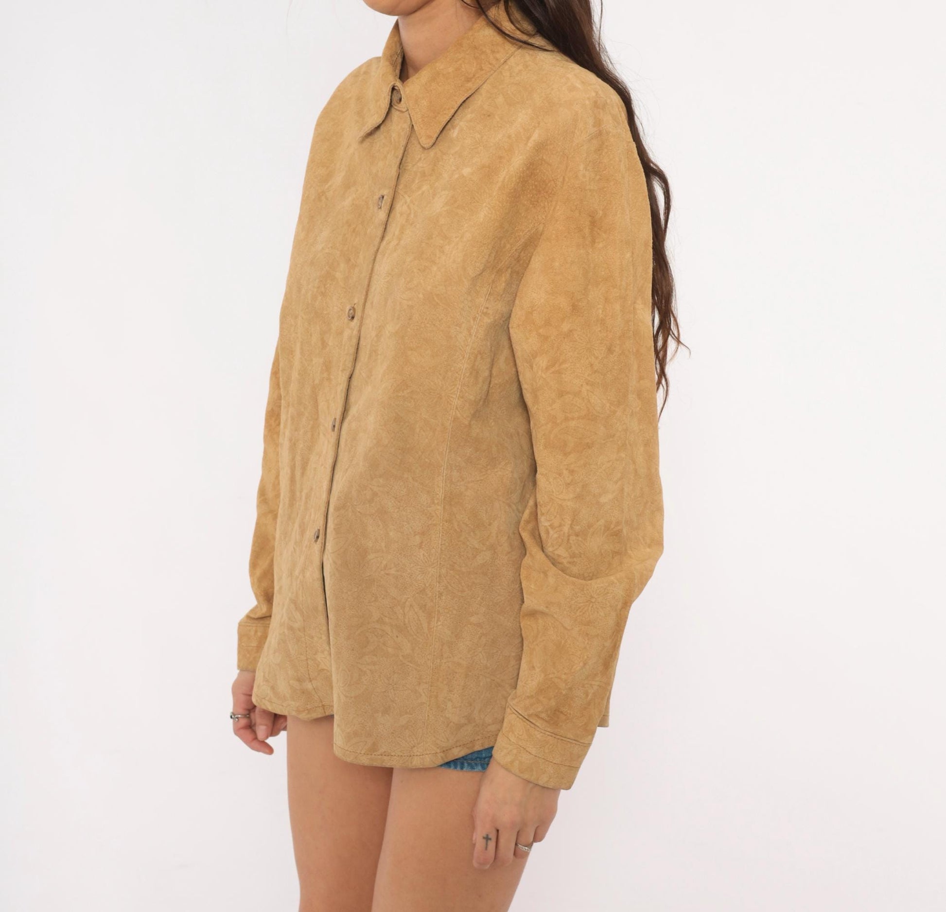 2000s Coldwater Creek Suede Shirt Embossed Floral Camel Button-Front Large L