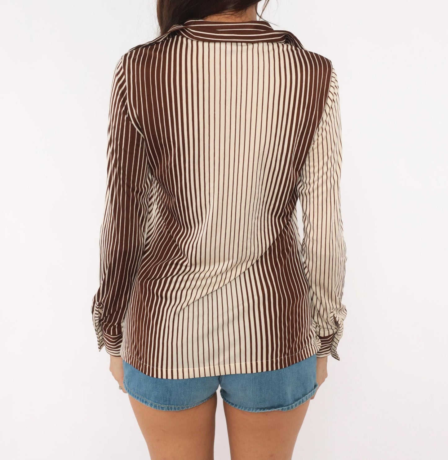 70s Sears Striped Button Front Blouse Brown Cream Pointed Collar Medium