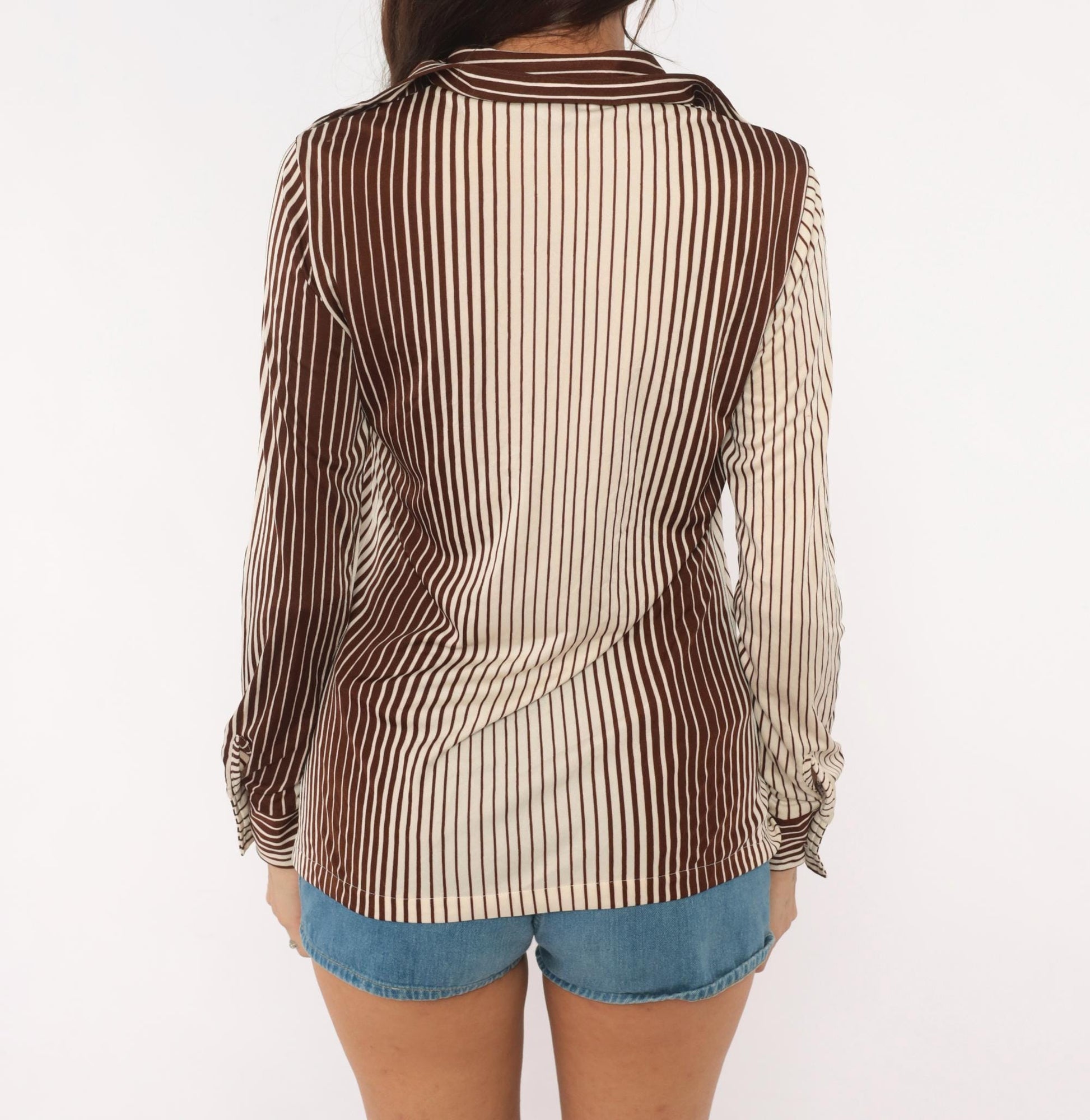 70s Sears Striped Button Front Blouse Brown Cream Pointed Collar Medium