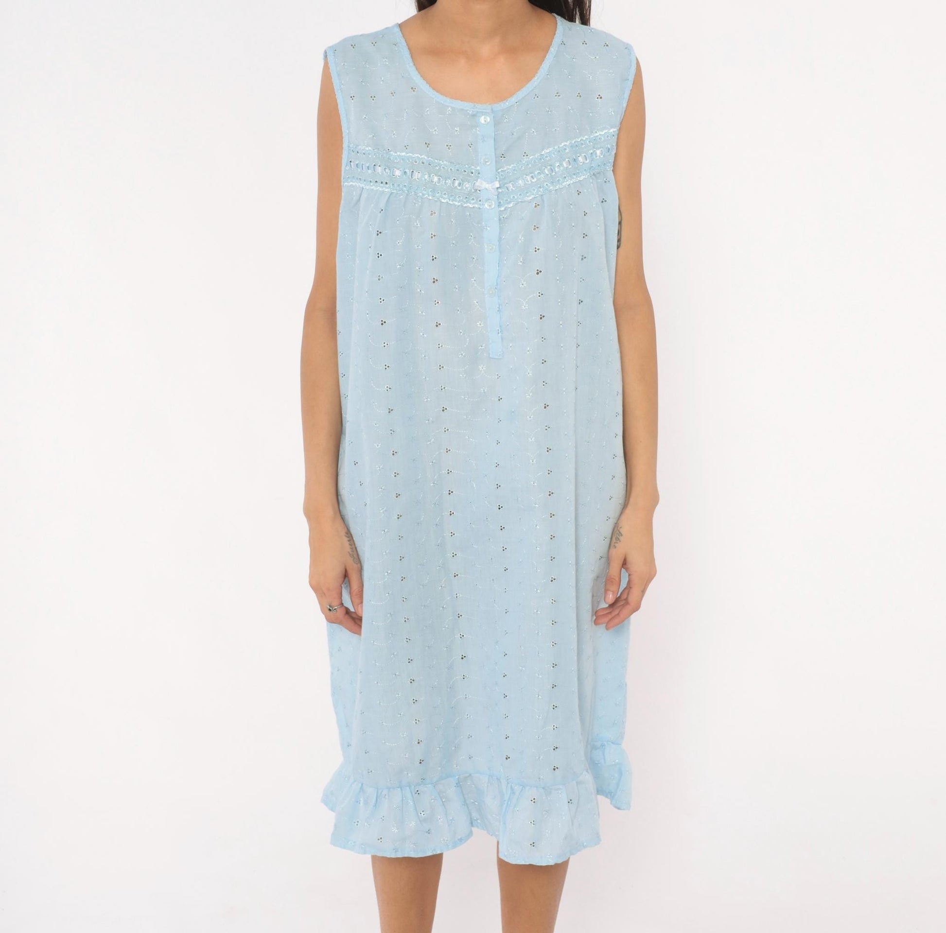 80s Lali Fashion Sky Blue Eyelet Nightgown Babydoll Sleeveless Large L