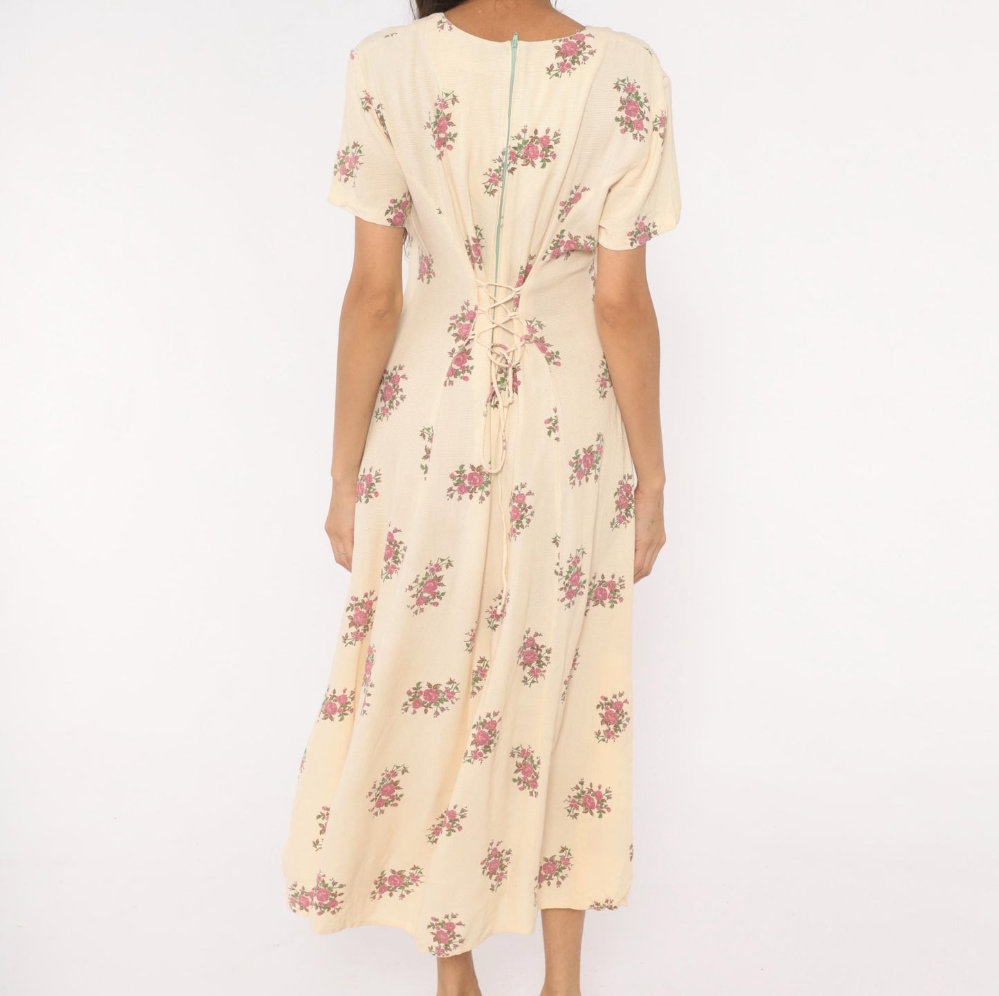 90s Ultra Dress Cream Floral Midi Button Front V Neck Lace Up Back Medium