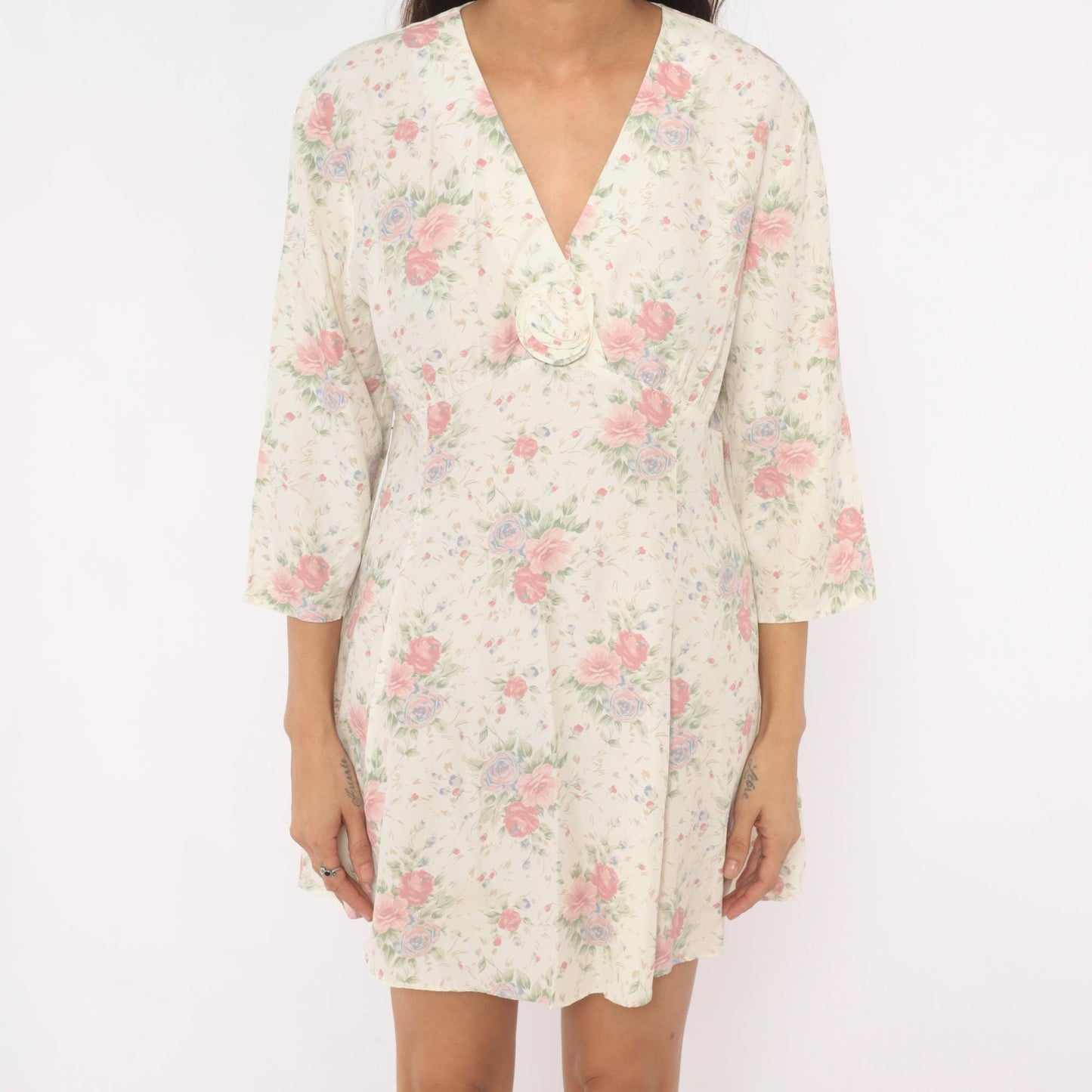 90s Eber Rose Floral Mini Dress Cream V-Neck Rosette Large L