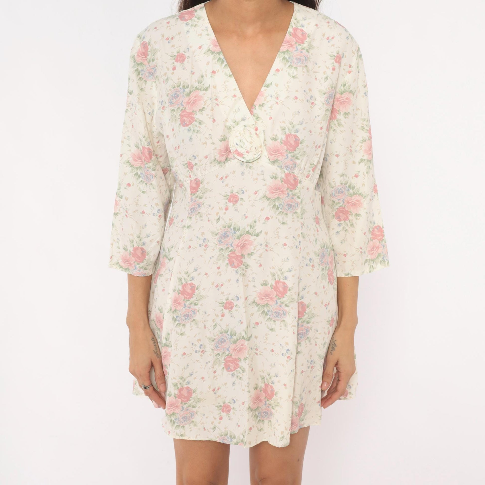 90s Eber Rose Floral Mini Dress Cream V-Neck Rosette Large L