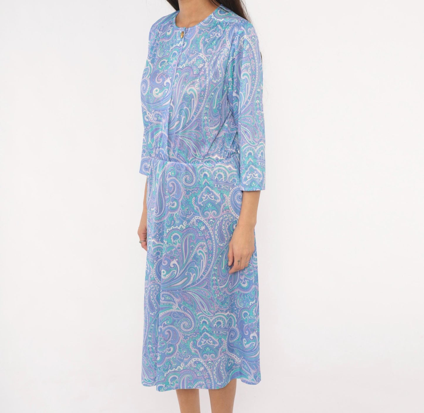90s Blair Paisley Midi Dress Periwinkle Purple Teal Swirl Print Medium M