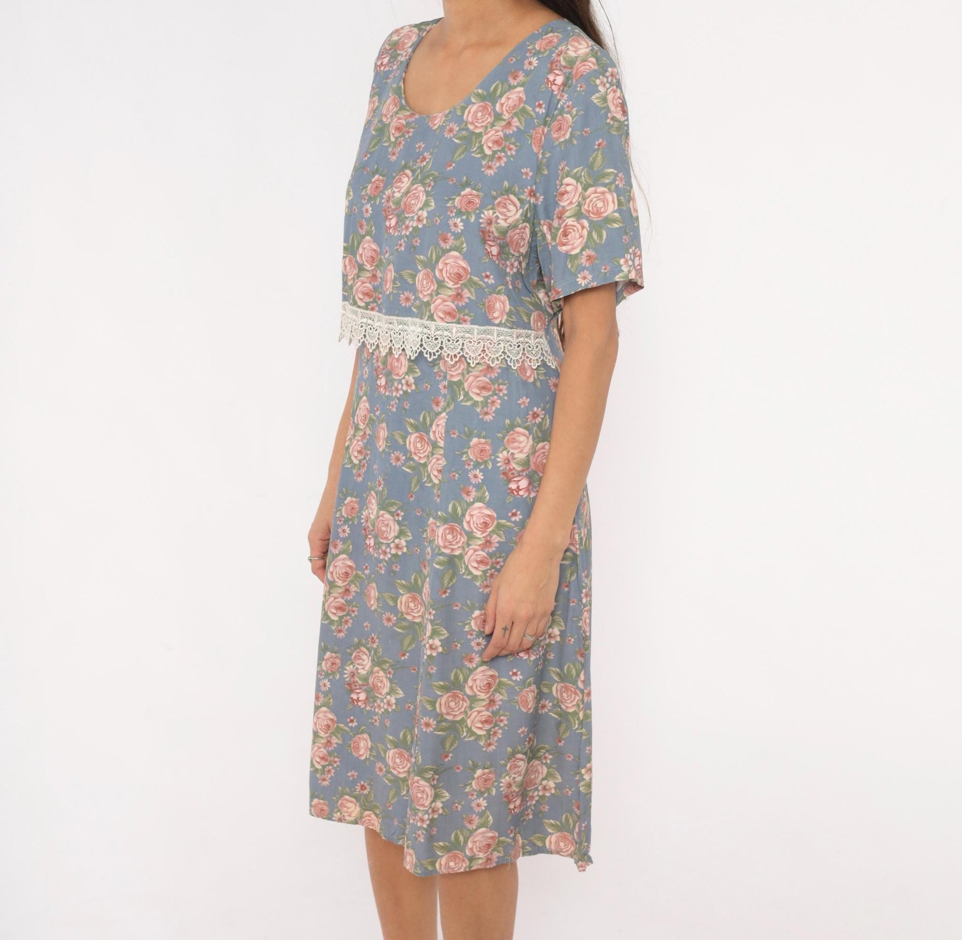 90s Ms. Basia California Floral Dress Dusty Blue Rose Print Flutter Sleeve Large L