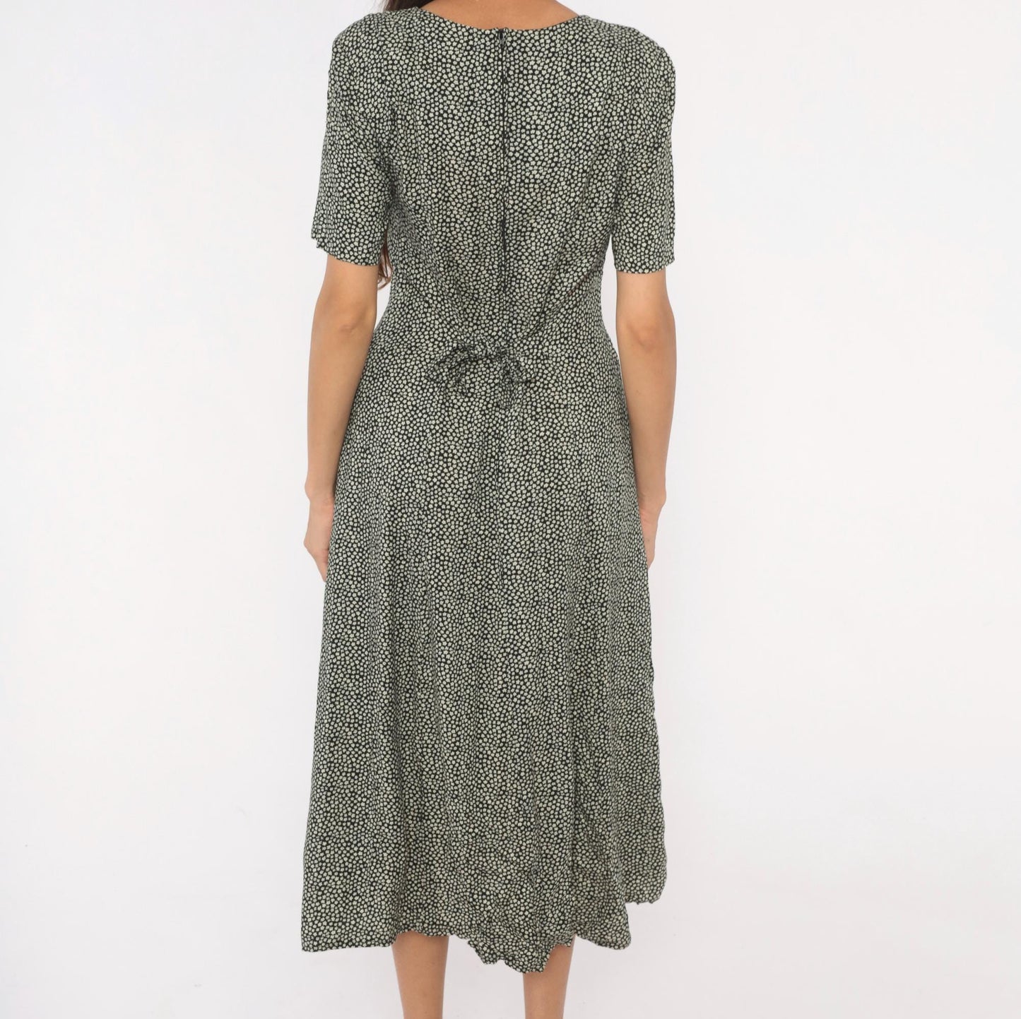 90s Statements Black Cream Dotted Midi Dress Lace-Up Front Medium
