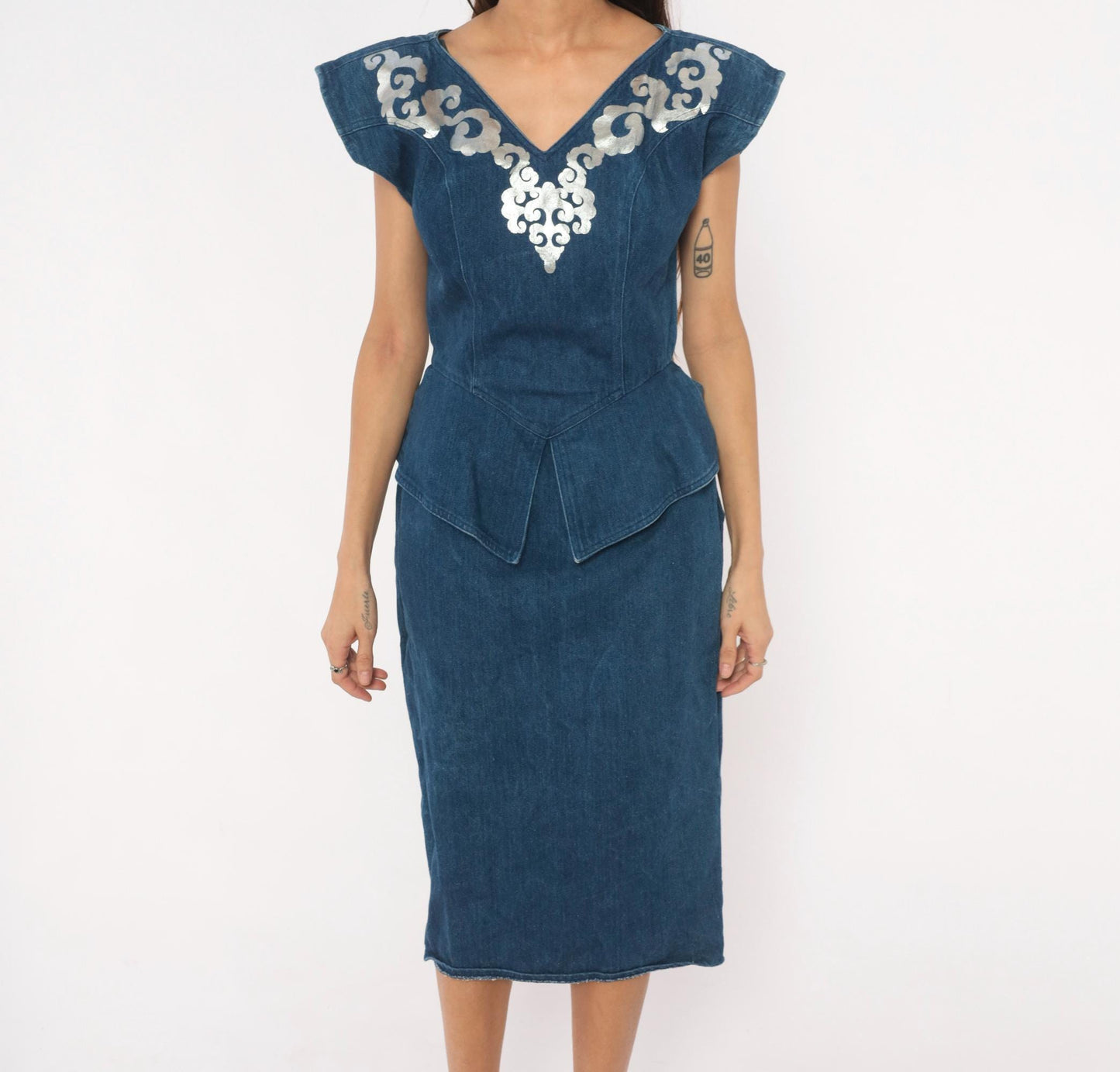 80s Young Edwardian Navy Denim Midi Dress Silver Applique Peplum Small