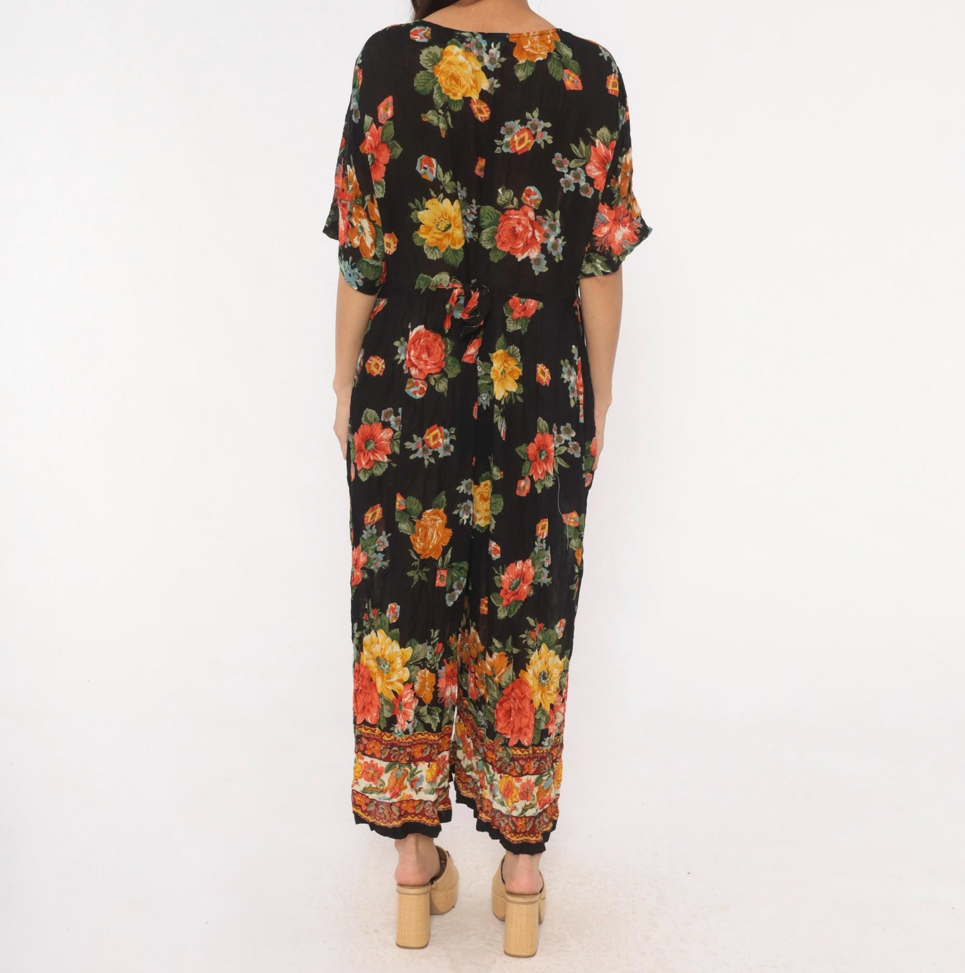 90s La Cera Floral Jumpsuit Black Rose Wide Leg V Neck Short Sleeve Extra Large XL