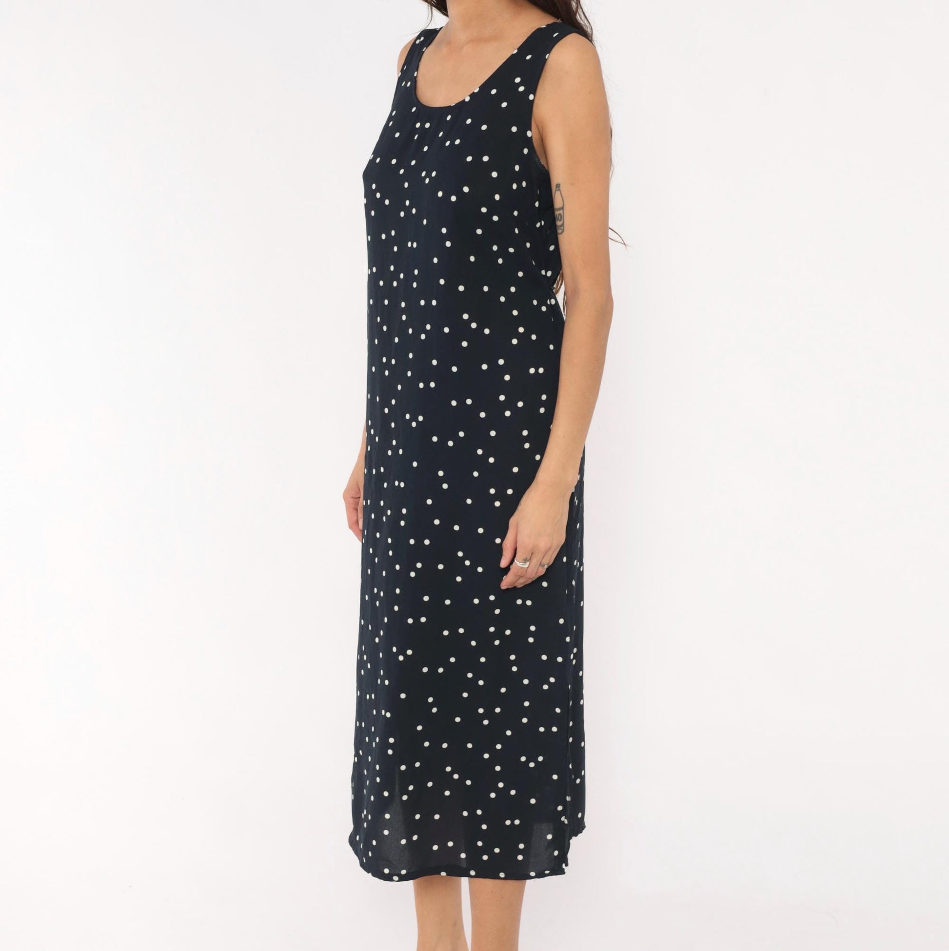 90s Navy Polka Dot Midi Dress Sleeveless Scoop Neck White Spotted Medium