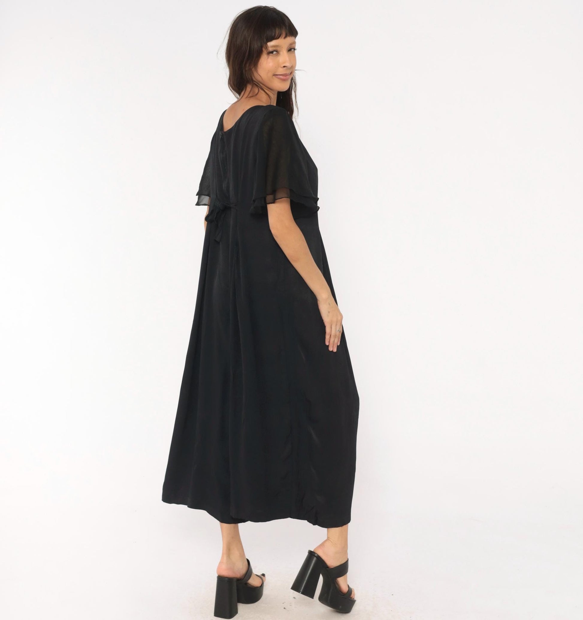 90s Jaffery & Dane Black Jumpsuit Flutter Sleeve Wide Leg Pleated Waist Large L