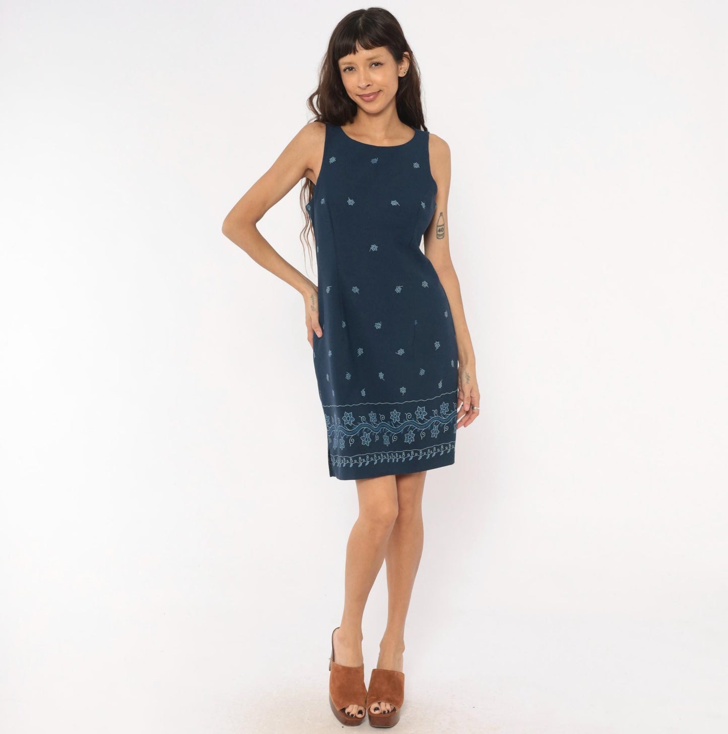 90s DBY Navy Shift Dress Embroidered Floral Border Sleeveless Medium M