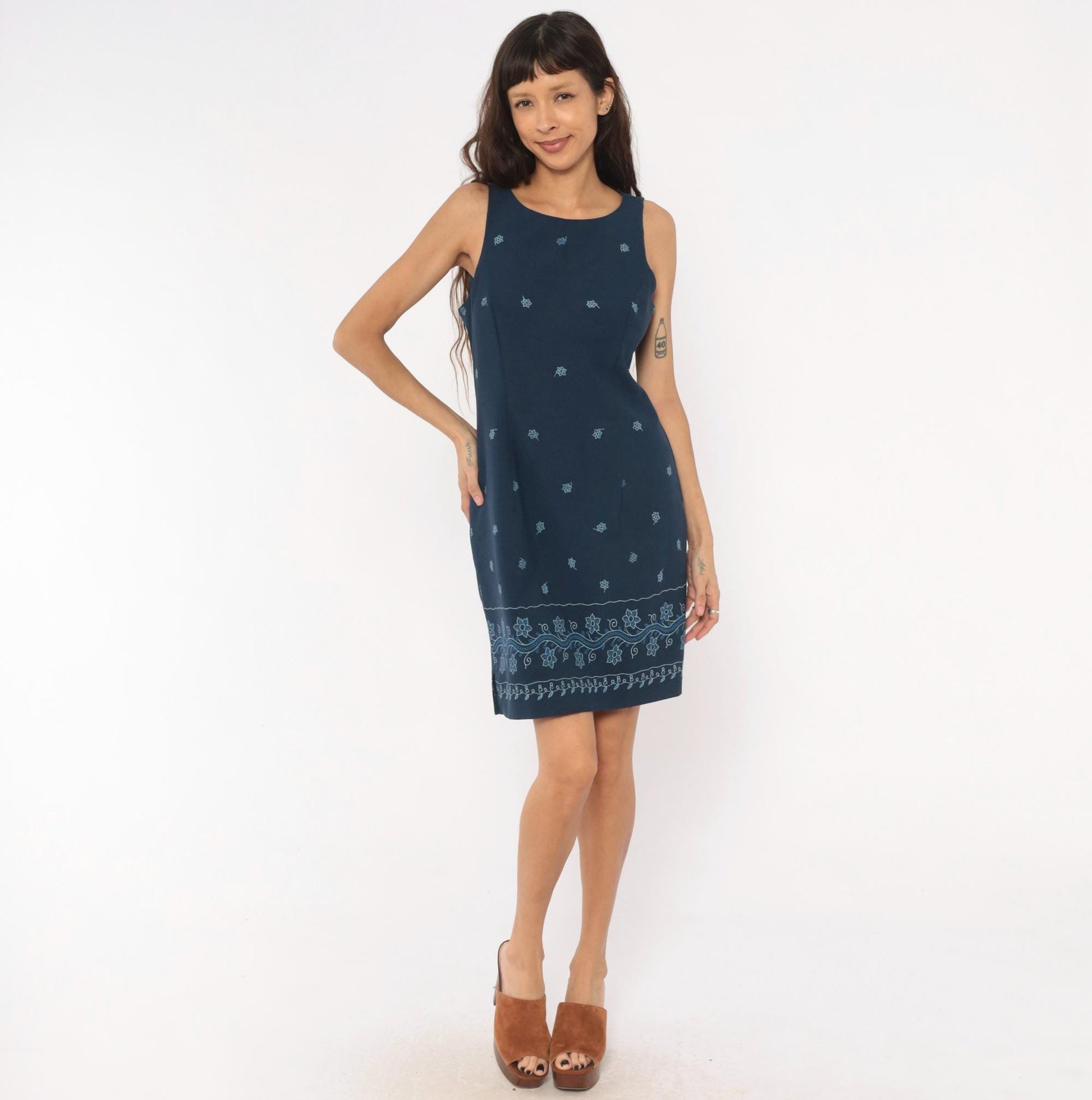 90s DBY Navy Shift Dress Embroidered Floral Border Sleeveless Medium M